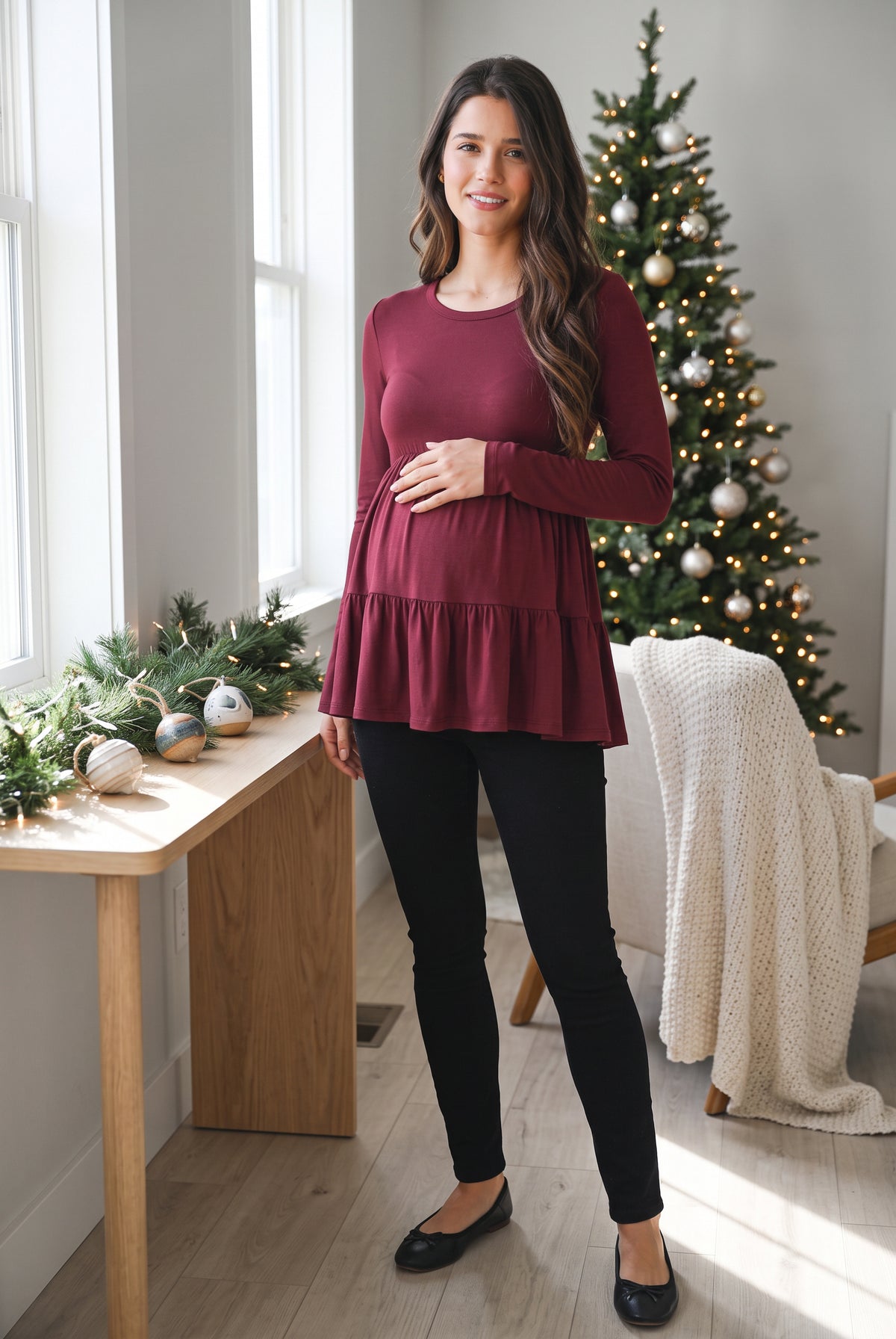 Burgundy Tiered Long Sleeve Maternity Top Lifestyle View