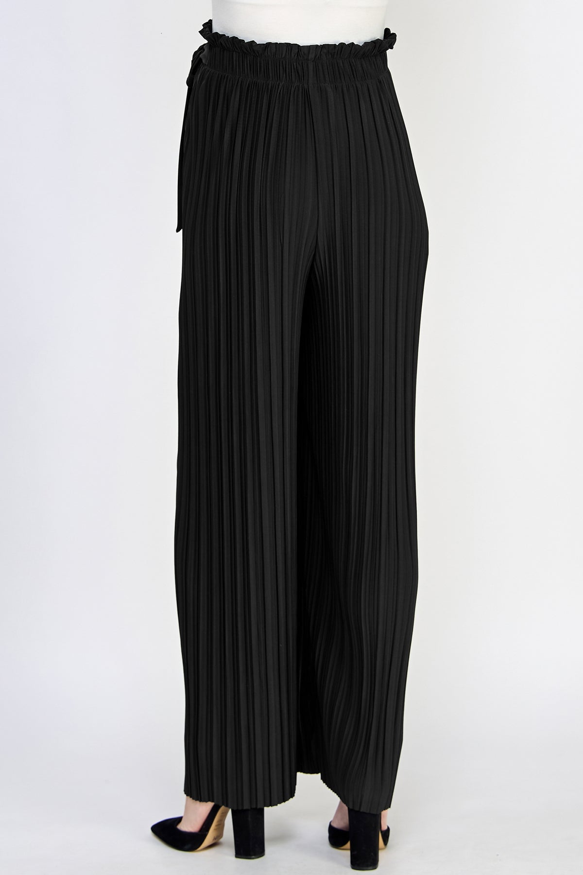 Black Pleated Wide Maternity Pants with Belt Tie Back