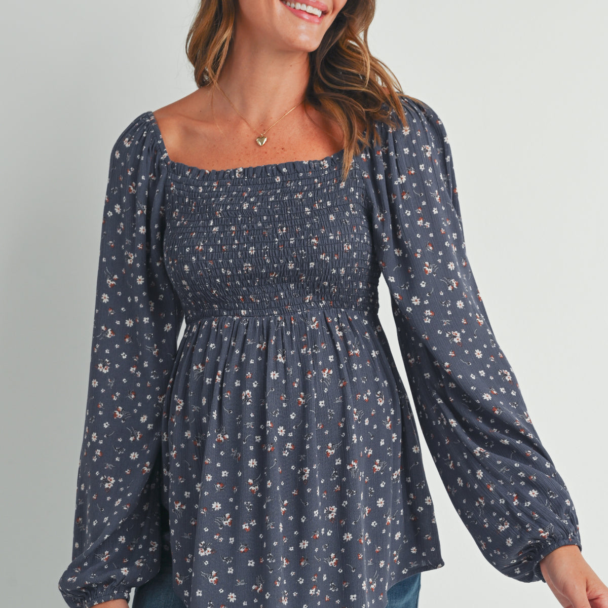 Navy Floral Print Square Neckline Smocked Maternity Blouse Front