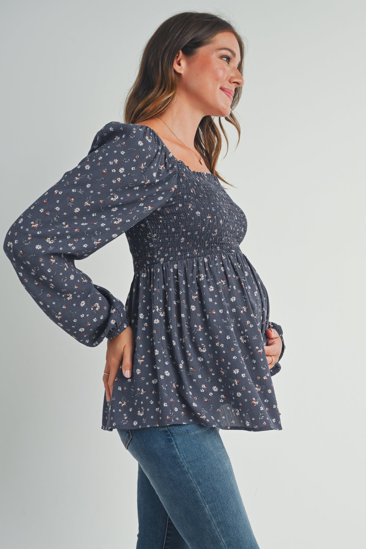 Navy Floral Print Square Neckline Smocked Maternity Blouse Side