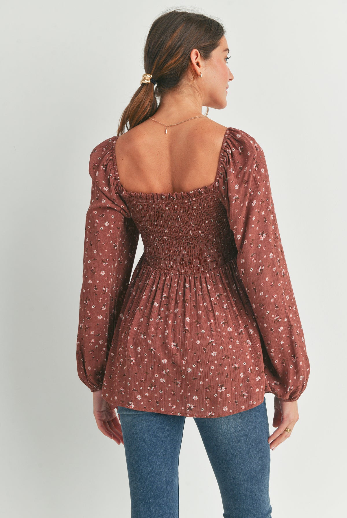 Brown Floral Print Square Neckline Smocked Maternity Blouse Back