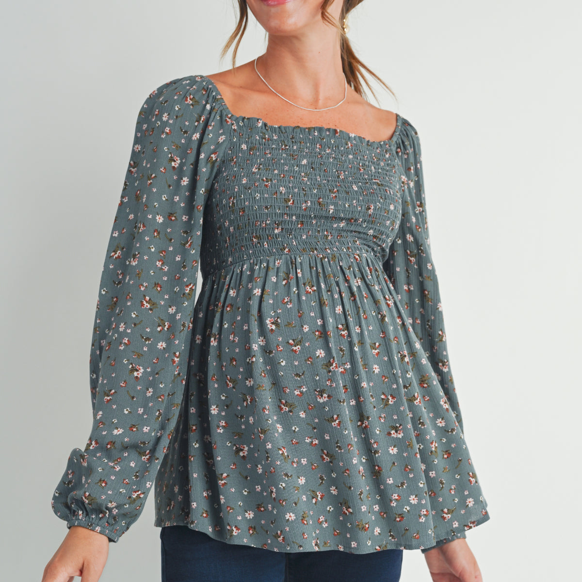 Dusty Green Floral Print Square Neckline Smocked Maternity Blouse Front