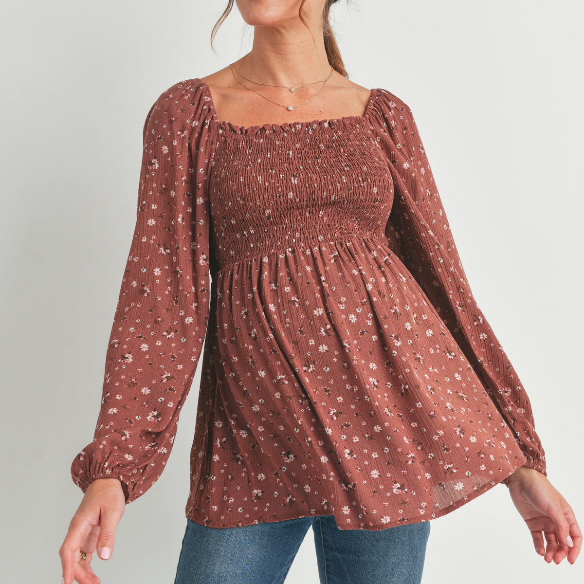 Brown Floral Print Square Neckline Smocked Maternity Blouse Front