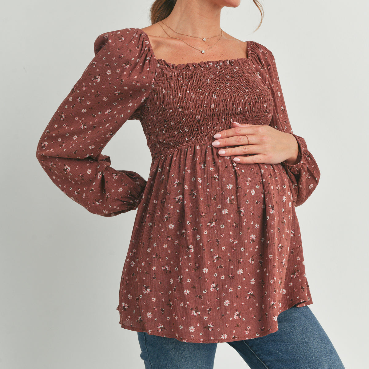 Brown Floral Print Square Neckline Smocked Maternity Blouse Side