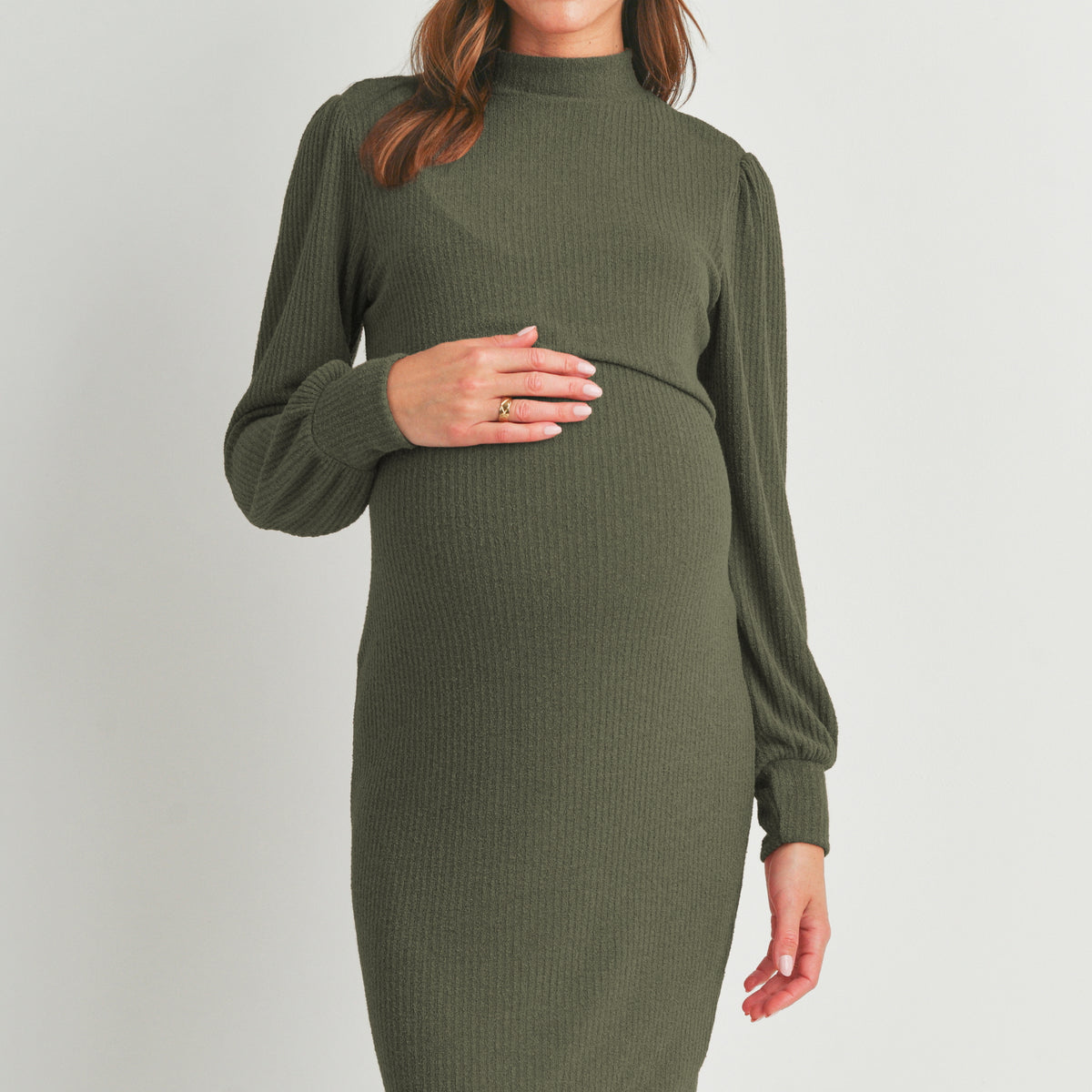 Olive Mock Neck Ribbed Maternity Nursing Dress Front