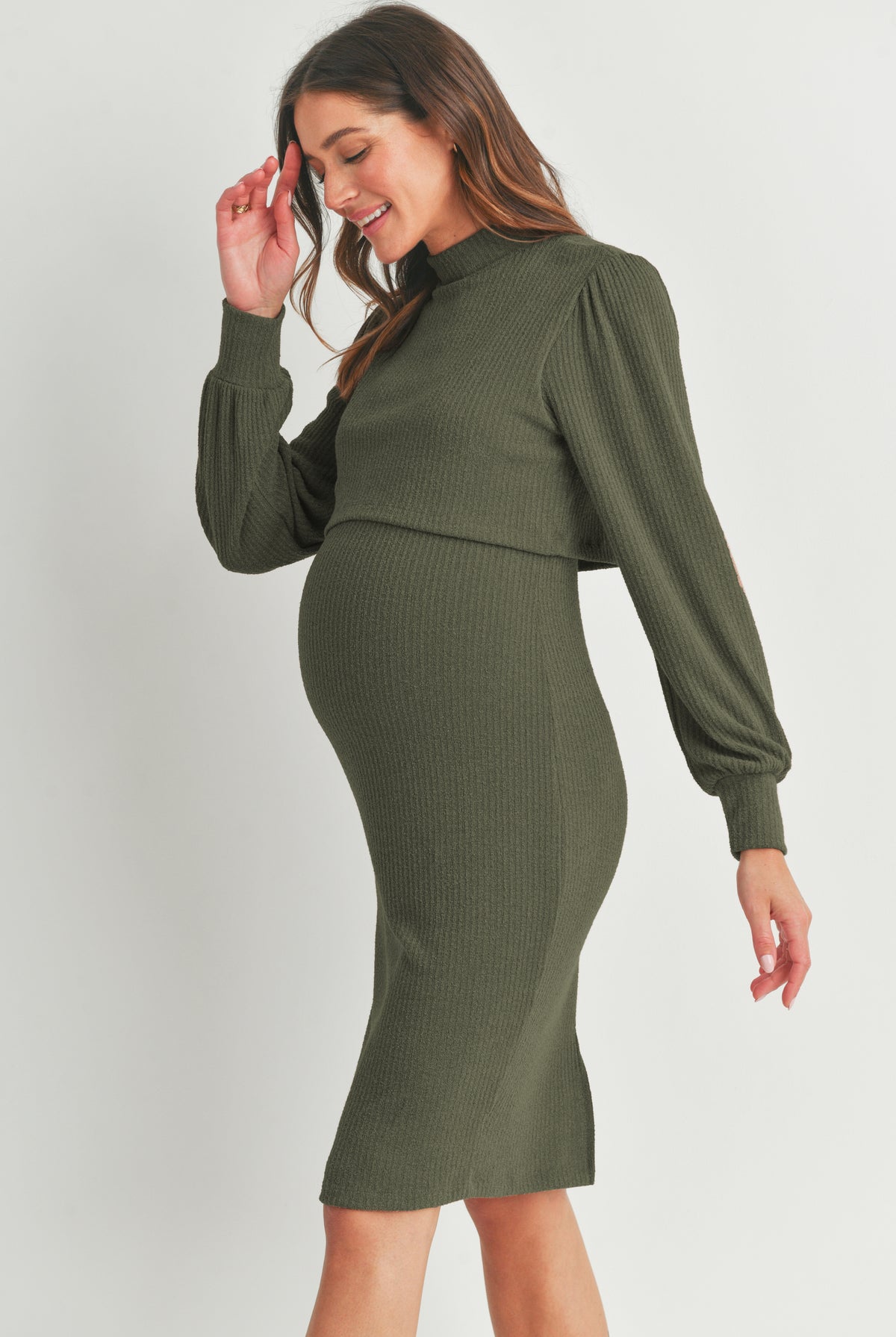 Olive Mock Neck Ribbed Maternity Nursing Dress Side