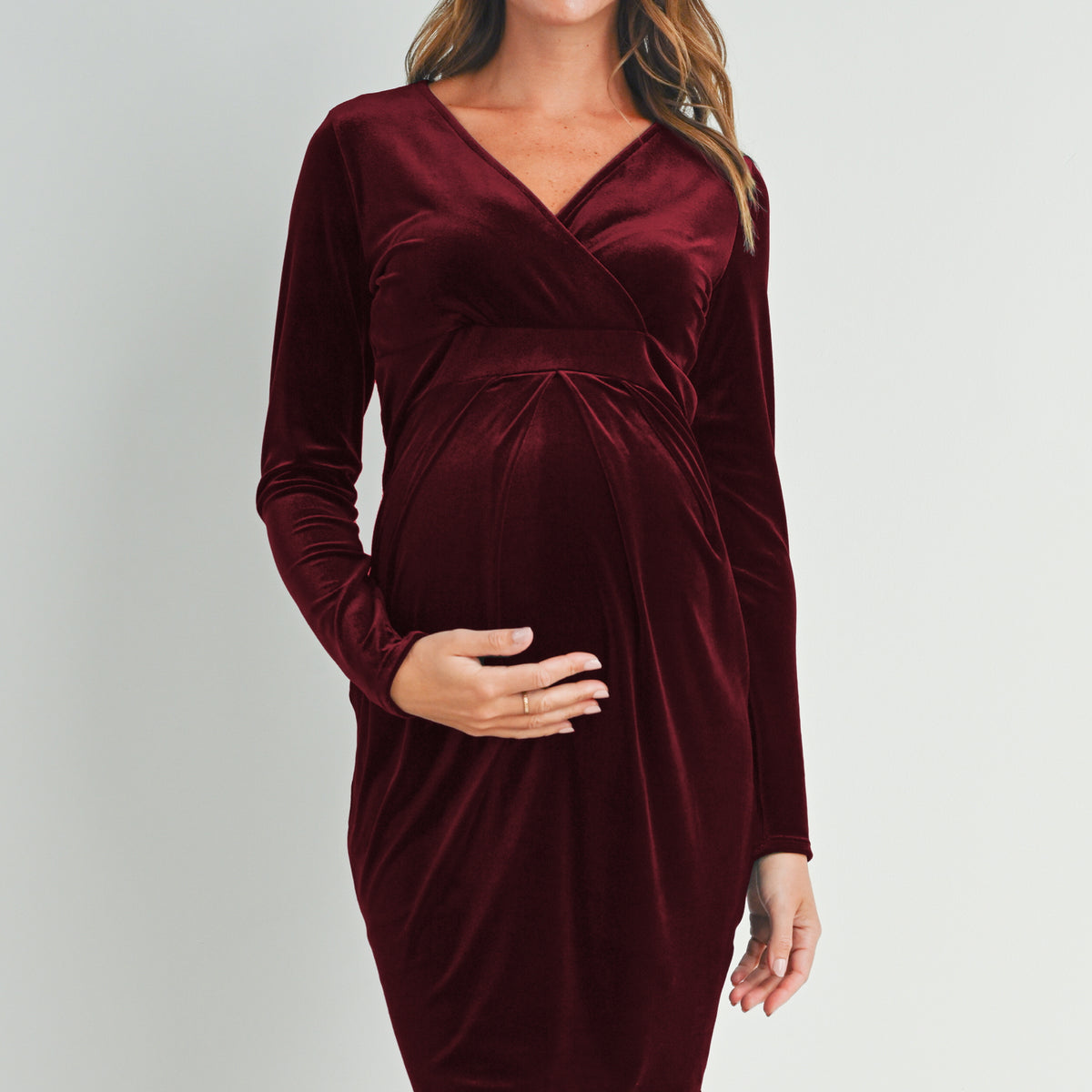 Burgundy Velvet Surplice Neck Front Pleat Maternity Dress Front