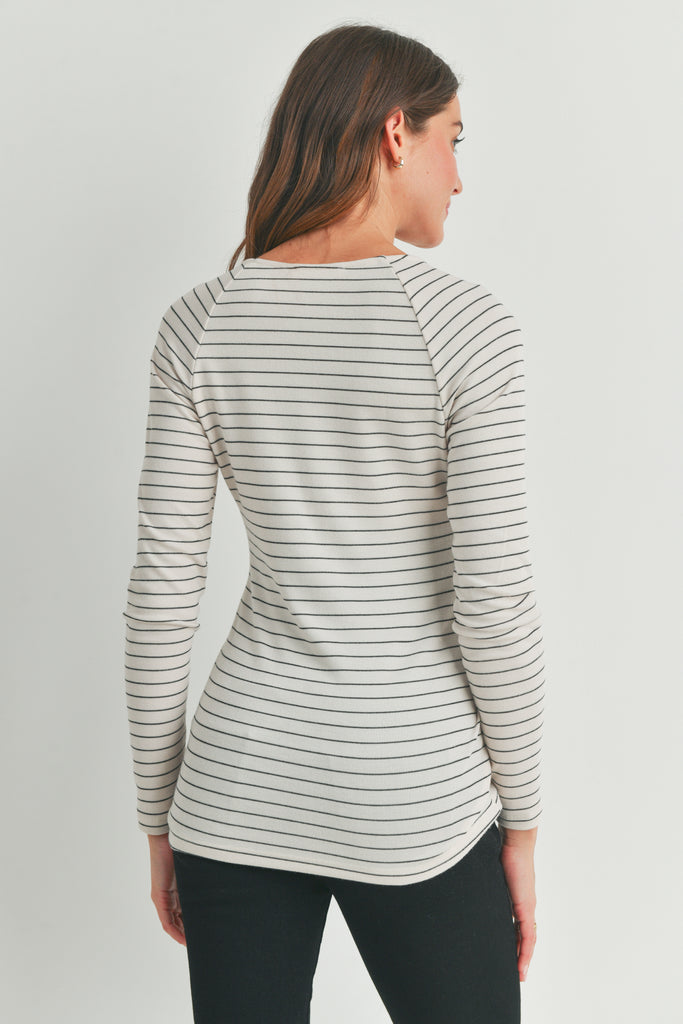 Ivory Striped Round Neck Nursing Top with Button Detail Back