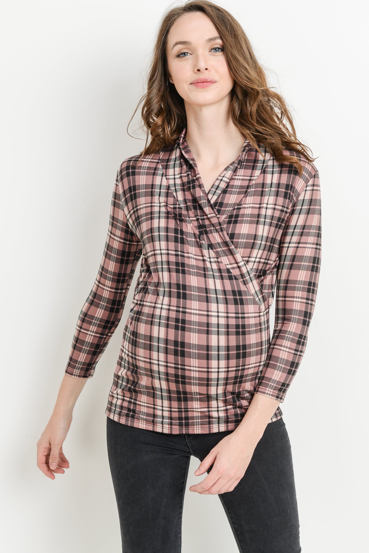Mauve Plaid Surplice Long Sleeve Maternity & Nursing Top