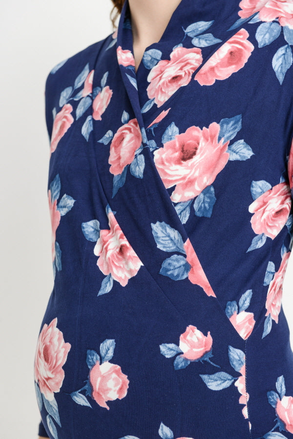 Navy Floral Surplice Long Sleeve Maternity & Nursing Top