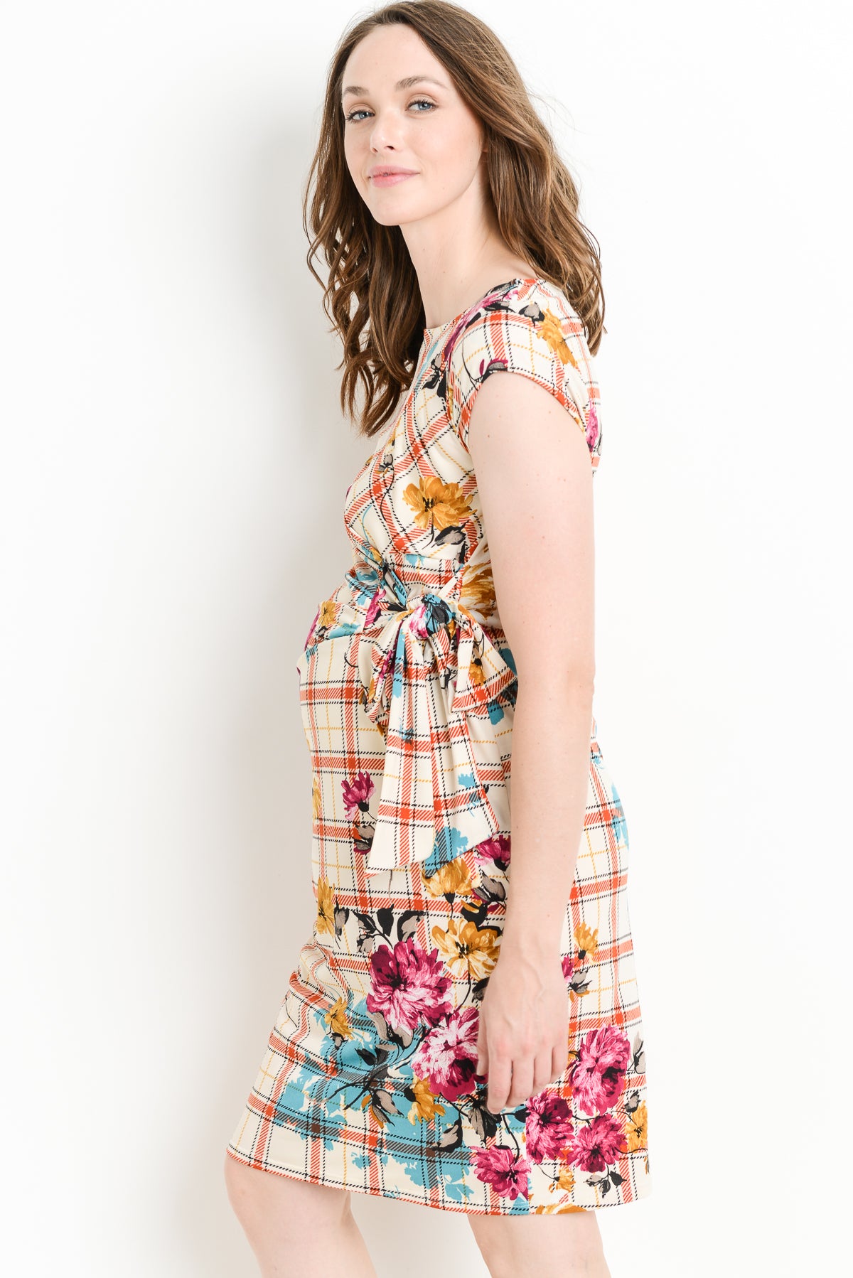 Rust Plaid Boat Neck with Ribbon Maternity Dress