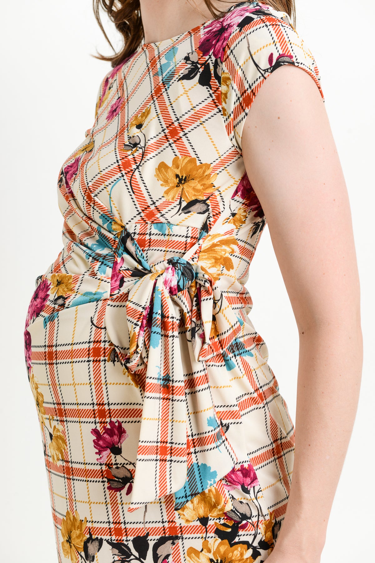 Rust Plaid Boat Neck with Ribbon Maternity Dress