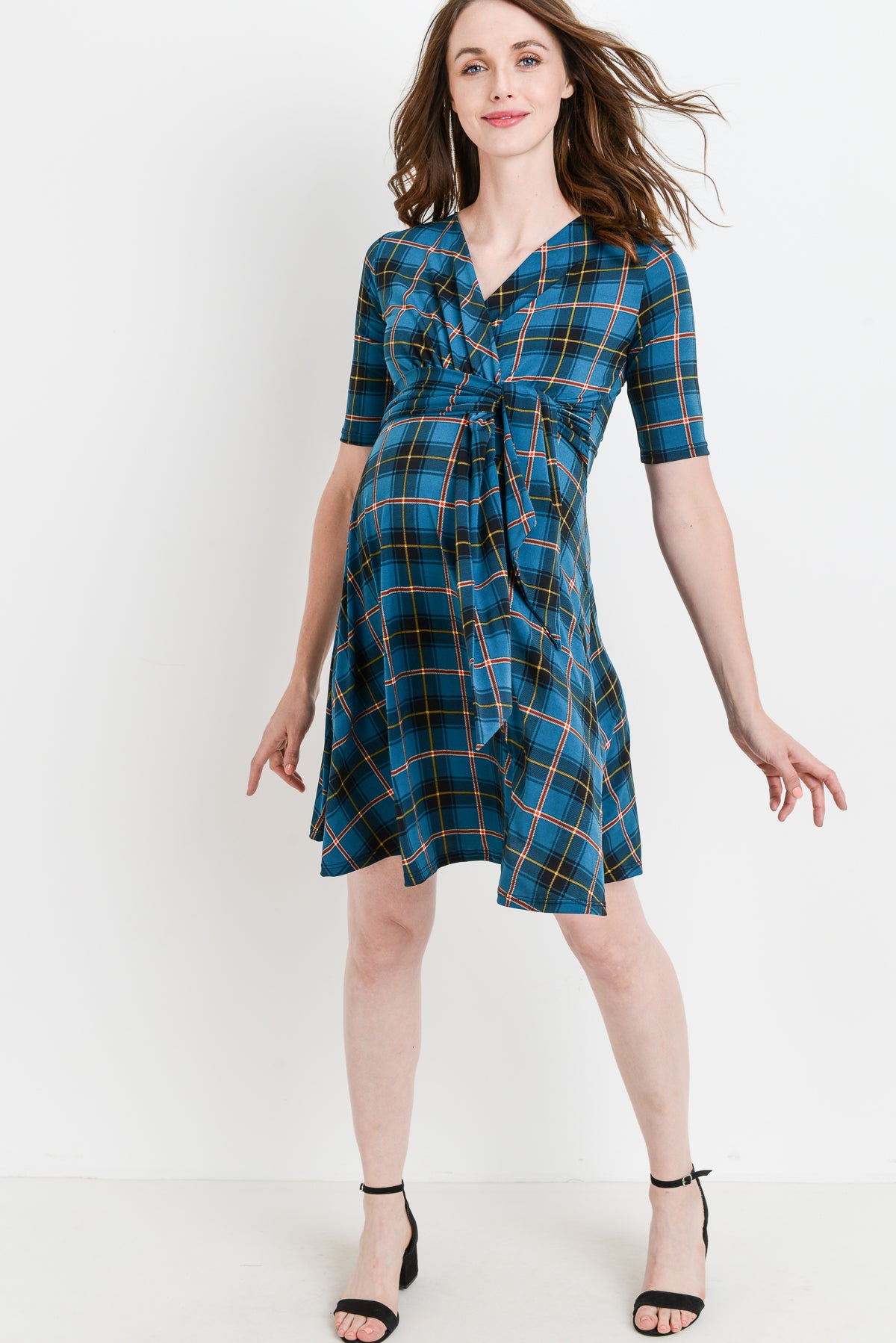 Teal Plaid Side Tie V-Neck Maternity Dress