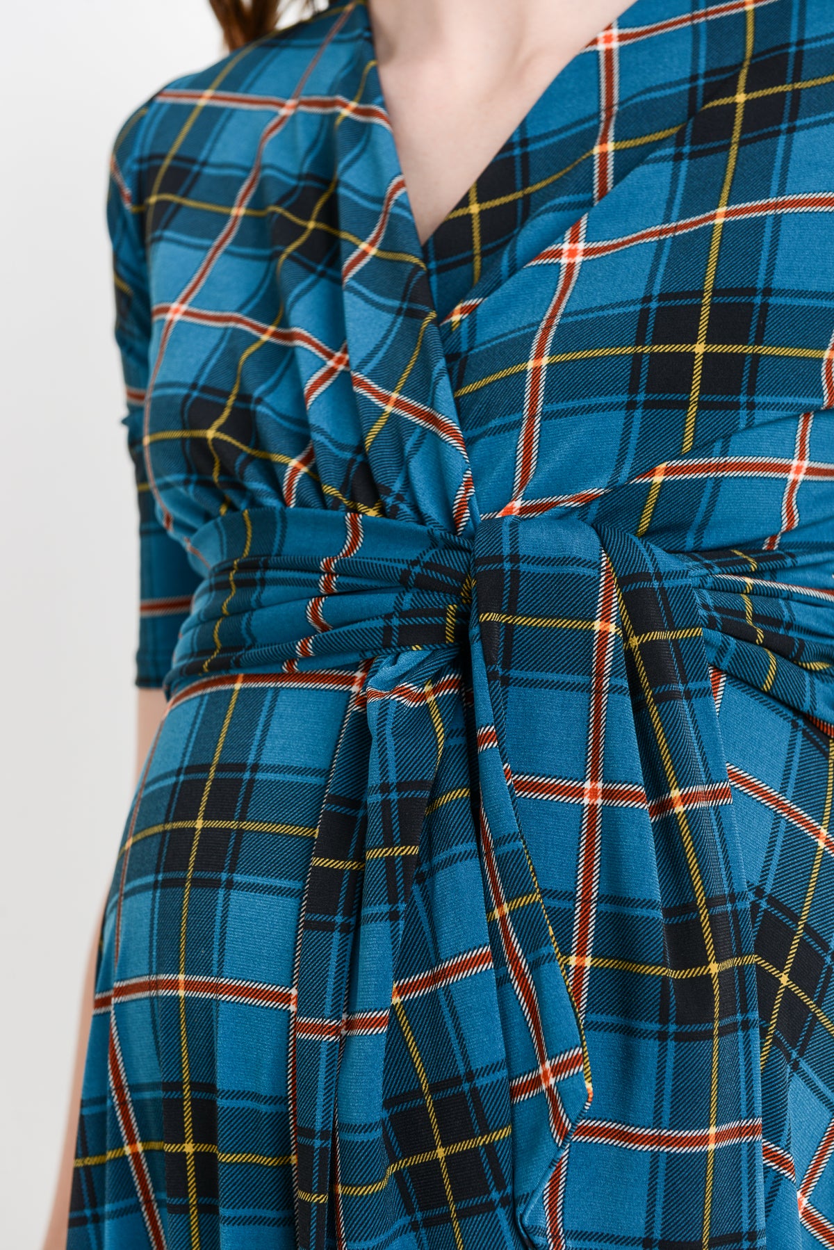 Teal Plaid Side Tie V-Neck Maternity Dress