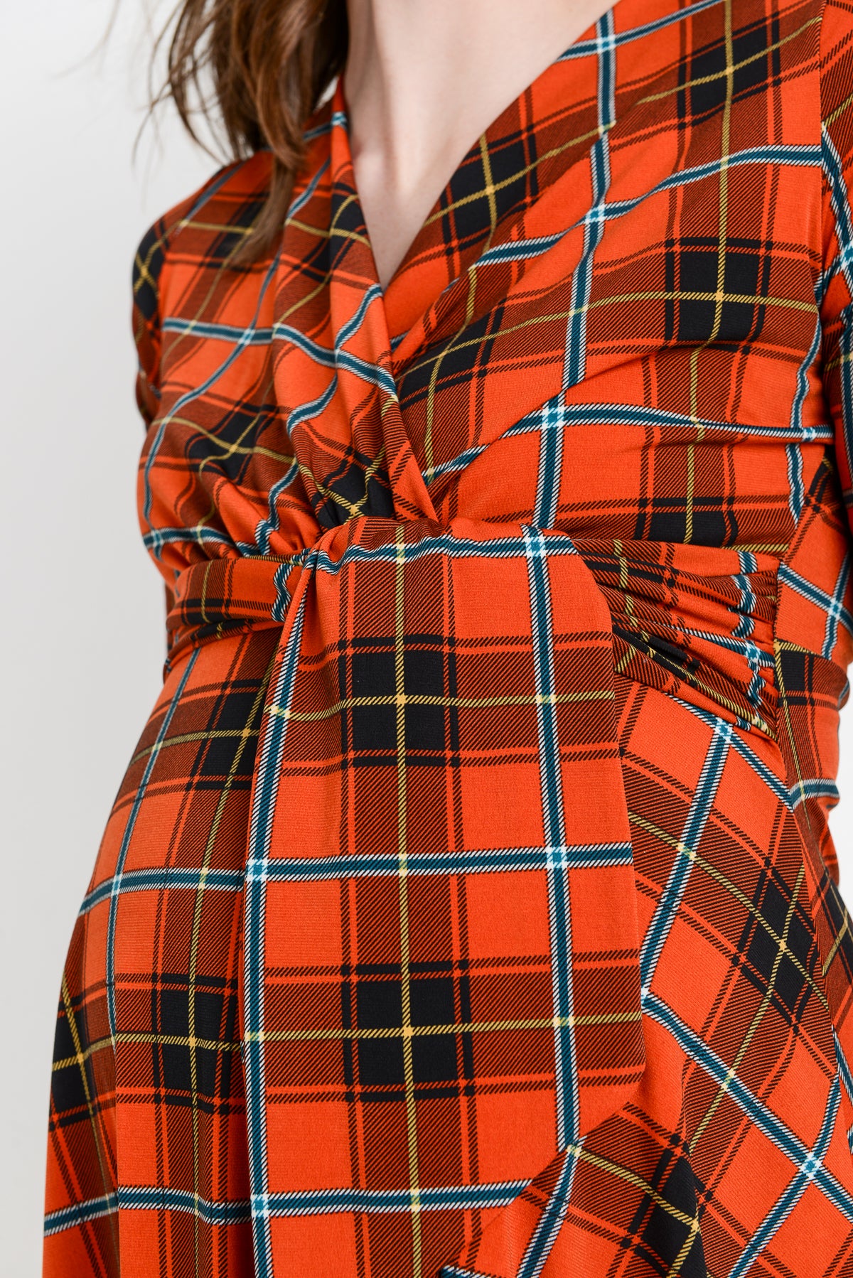Rust Plaid Side Tie V-Neck Maternity Dress