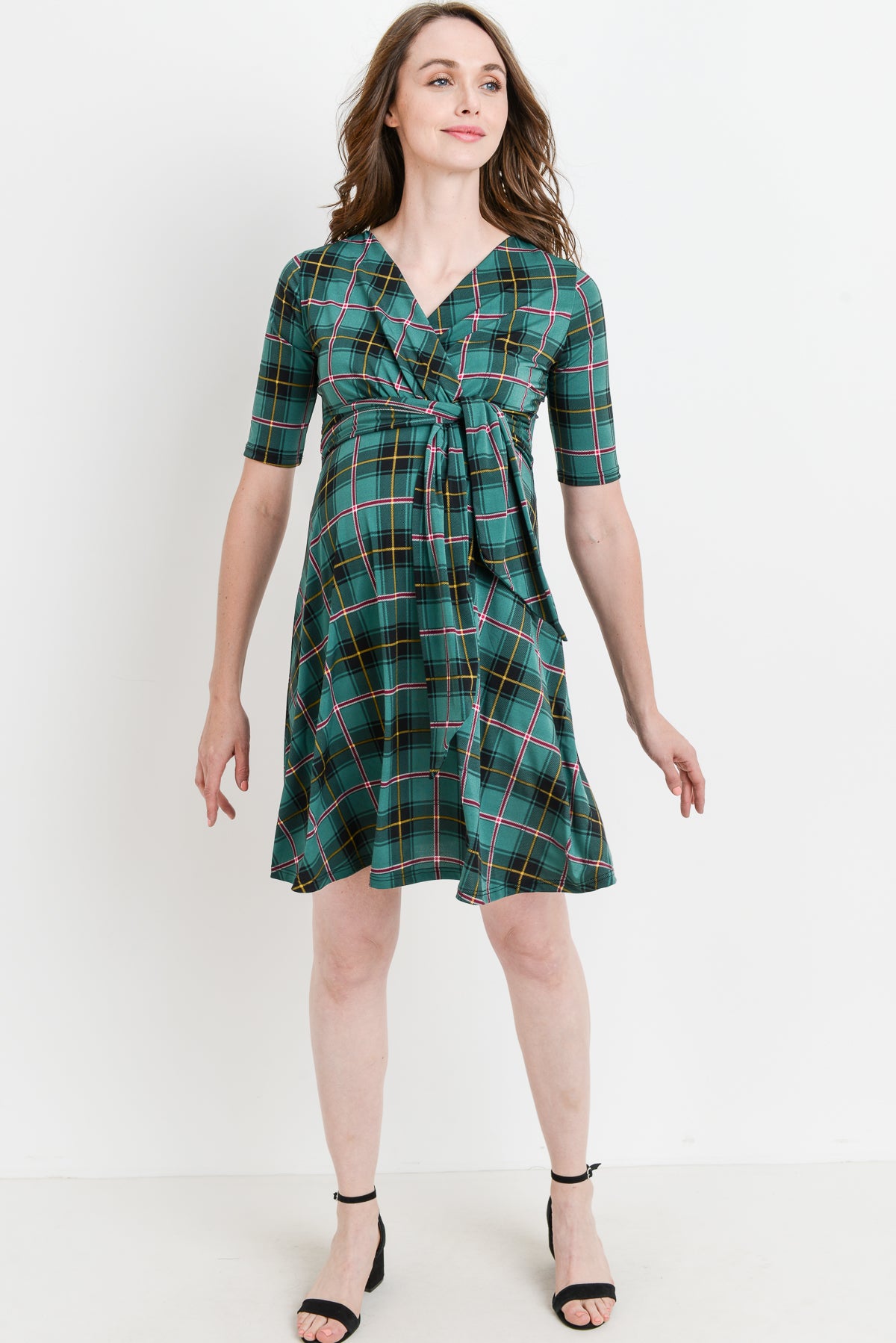 Green Plaid Side Tie V-Neck Maternity Dress