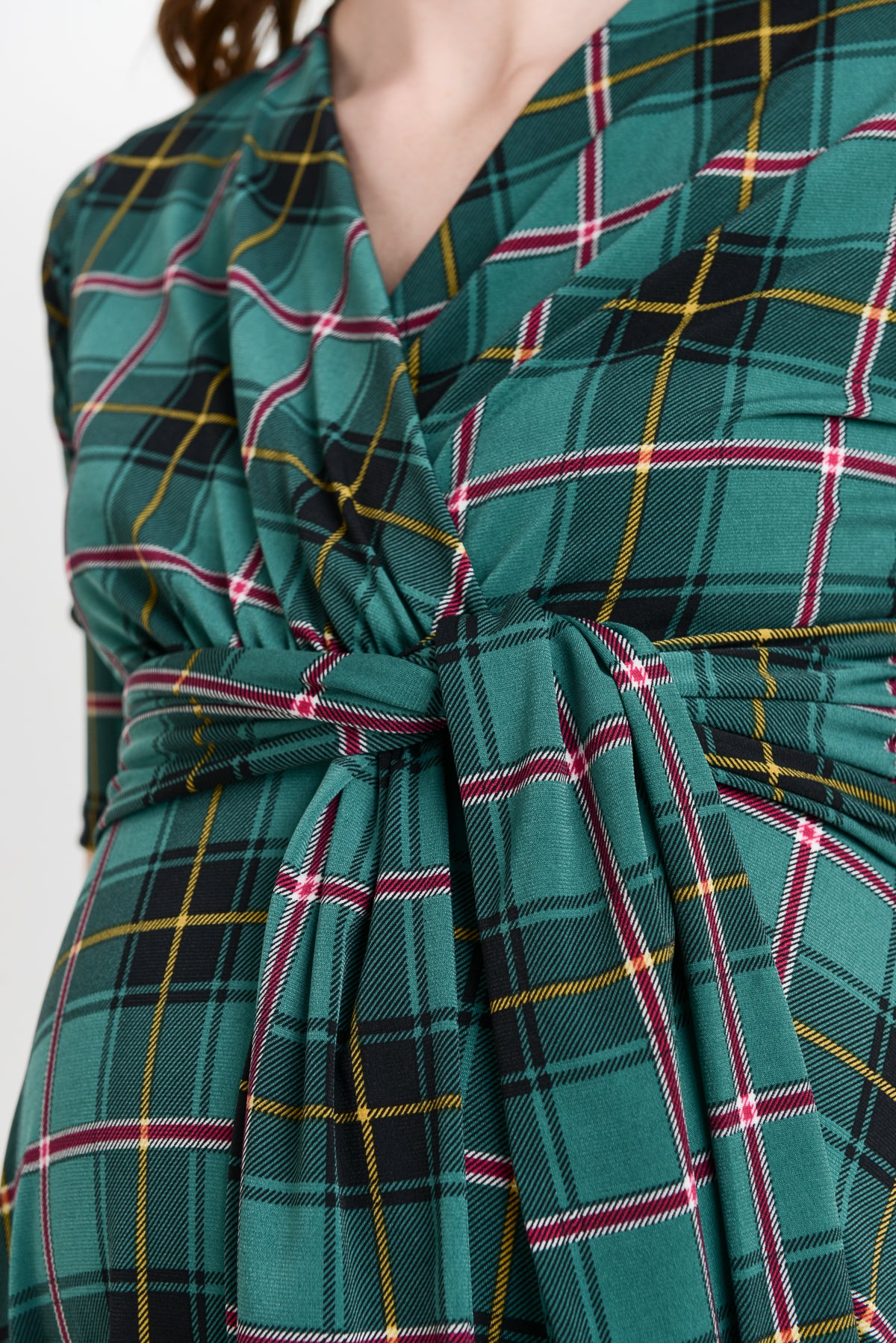 Green Plaid Side Tie V-Neck Maternity Dress