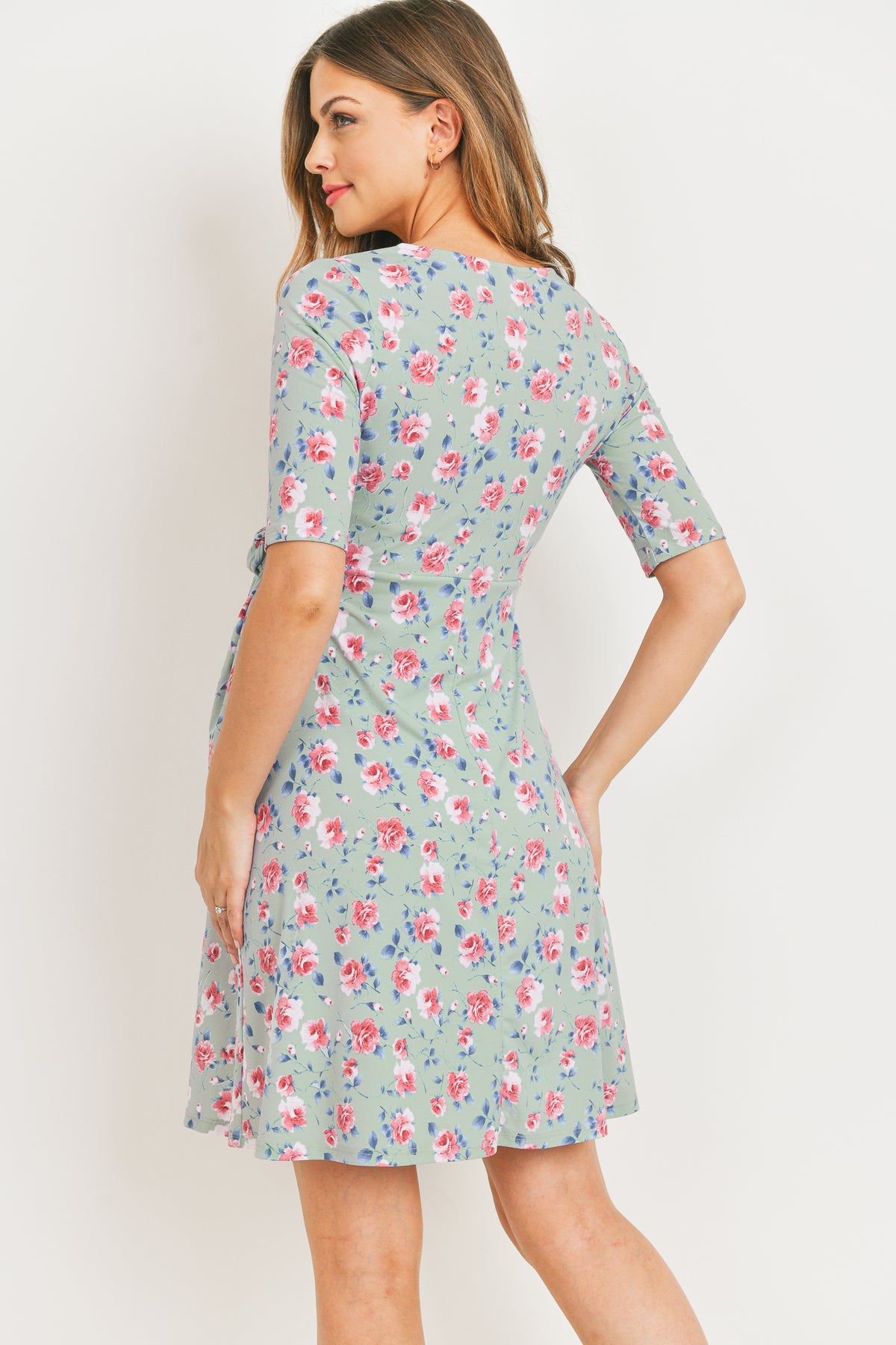 Mint Floral Waist Tie Wrap Maternity Dress Back