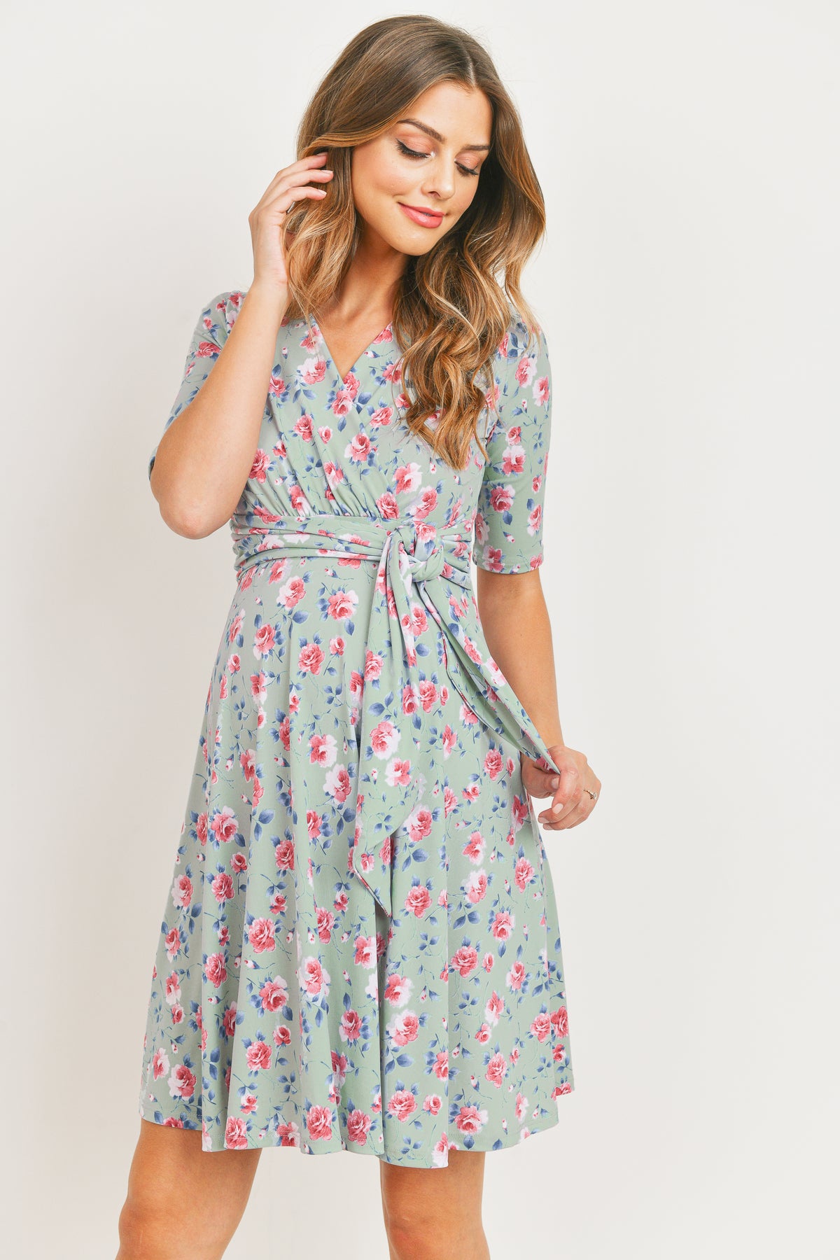 Mint Floral Waist Tie Wrap Maternity Dress Front