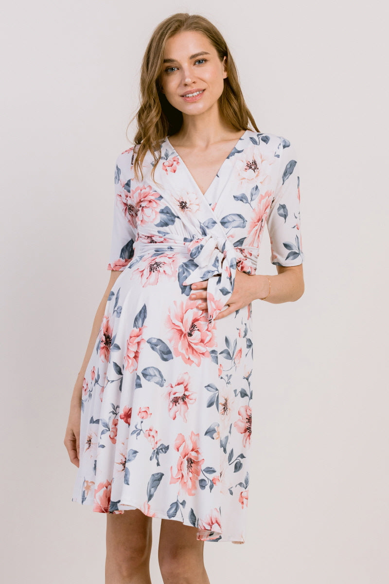 Off White Floral Print Tie Waist Wrap Maternity Dress
