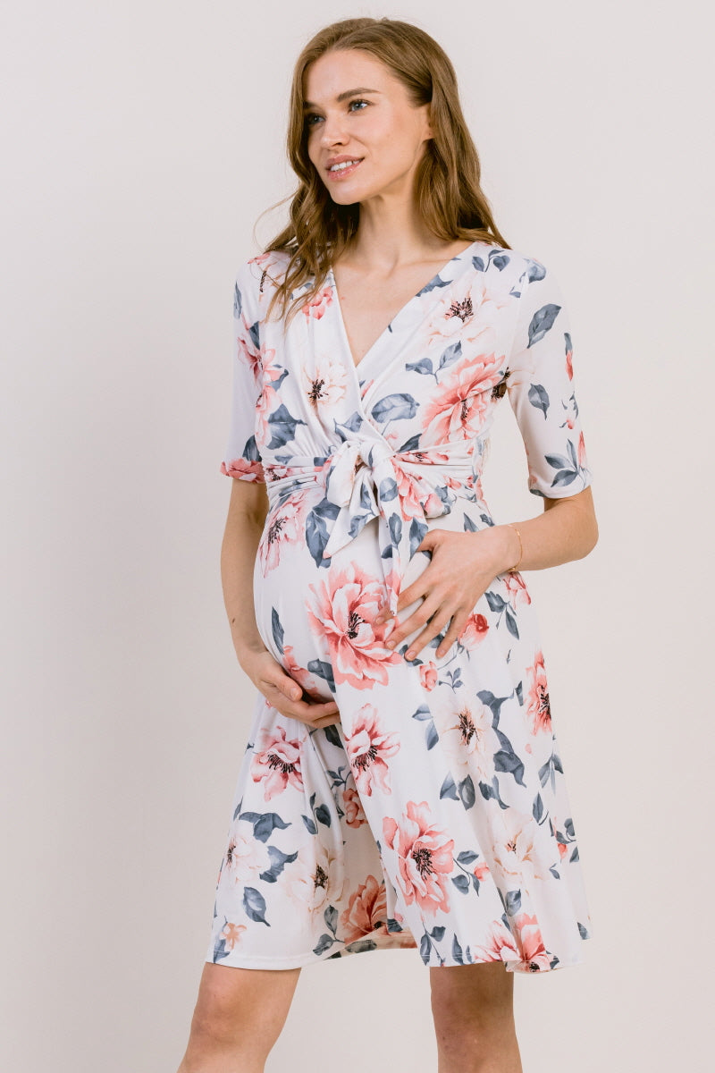 Off White Floral Print Tie Waist Wrap Maternity Dress