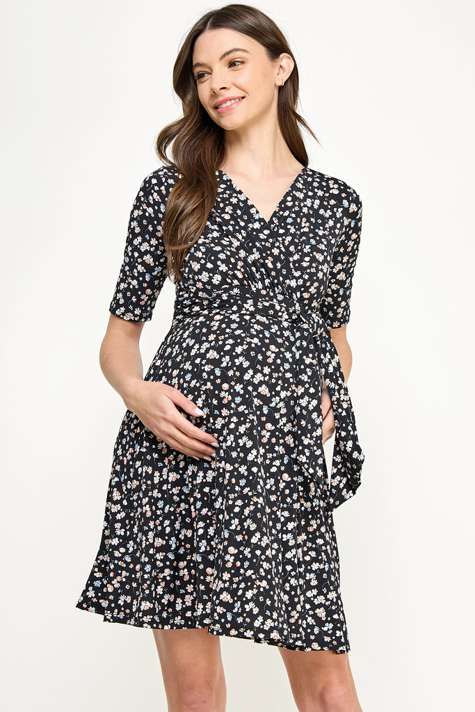 Black Floral V-Neck Maternity Nursing Dress