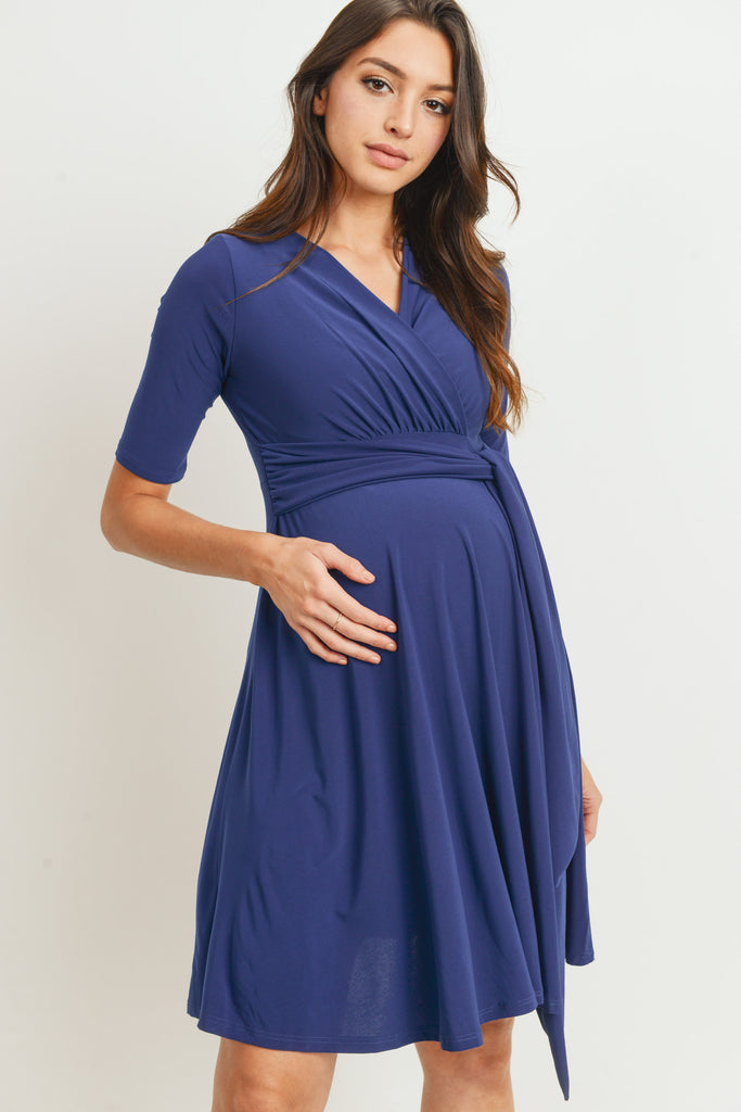Navy Solid Side Tie V-Neck Maternity Dress