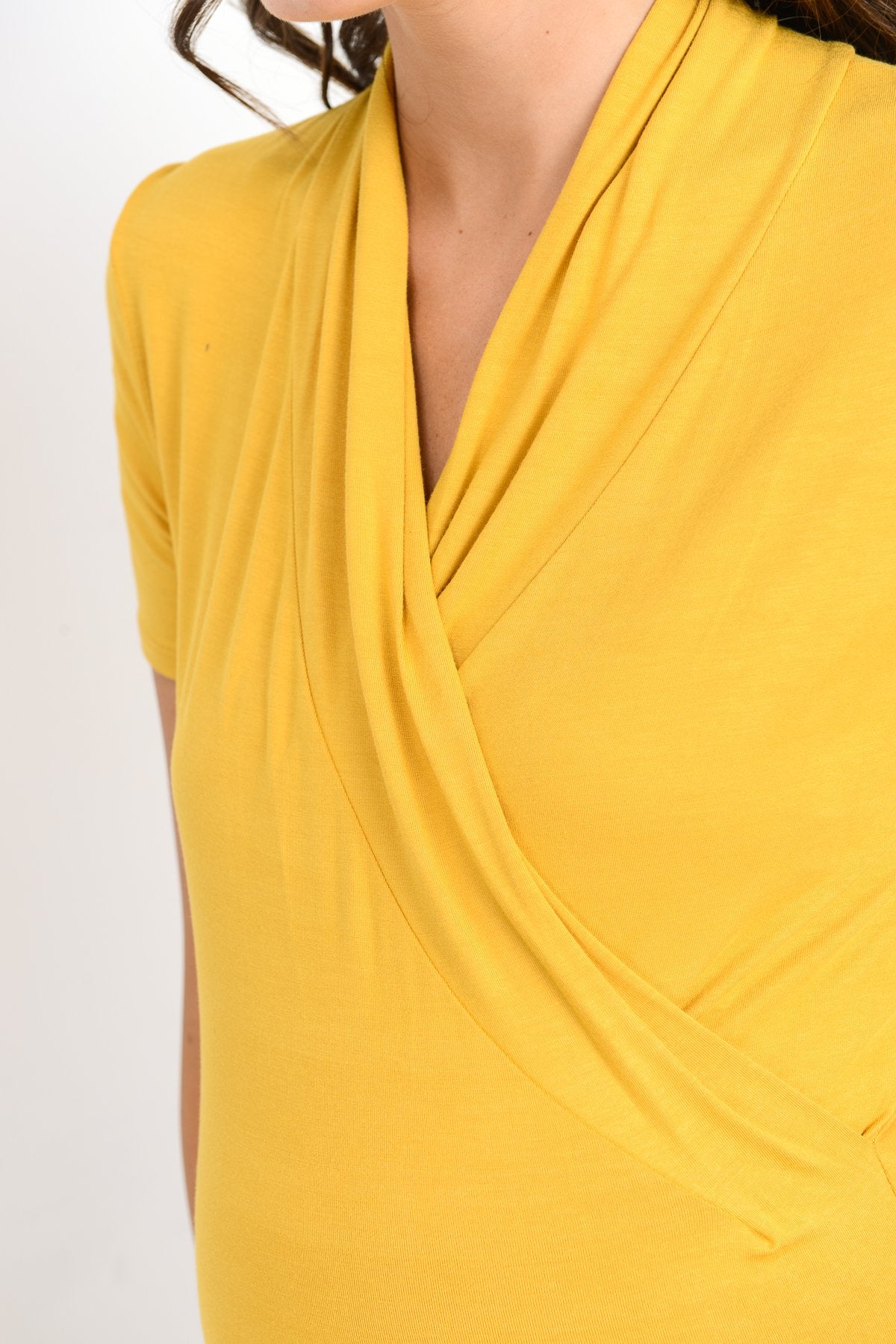 Mustard Solid Short Sleeve Maternity & Nursing Surplice Top