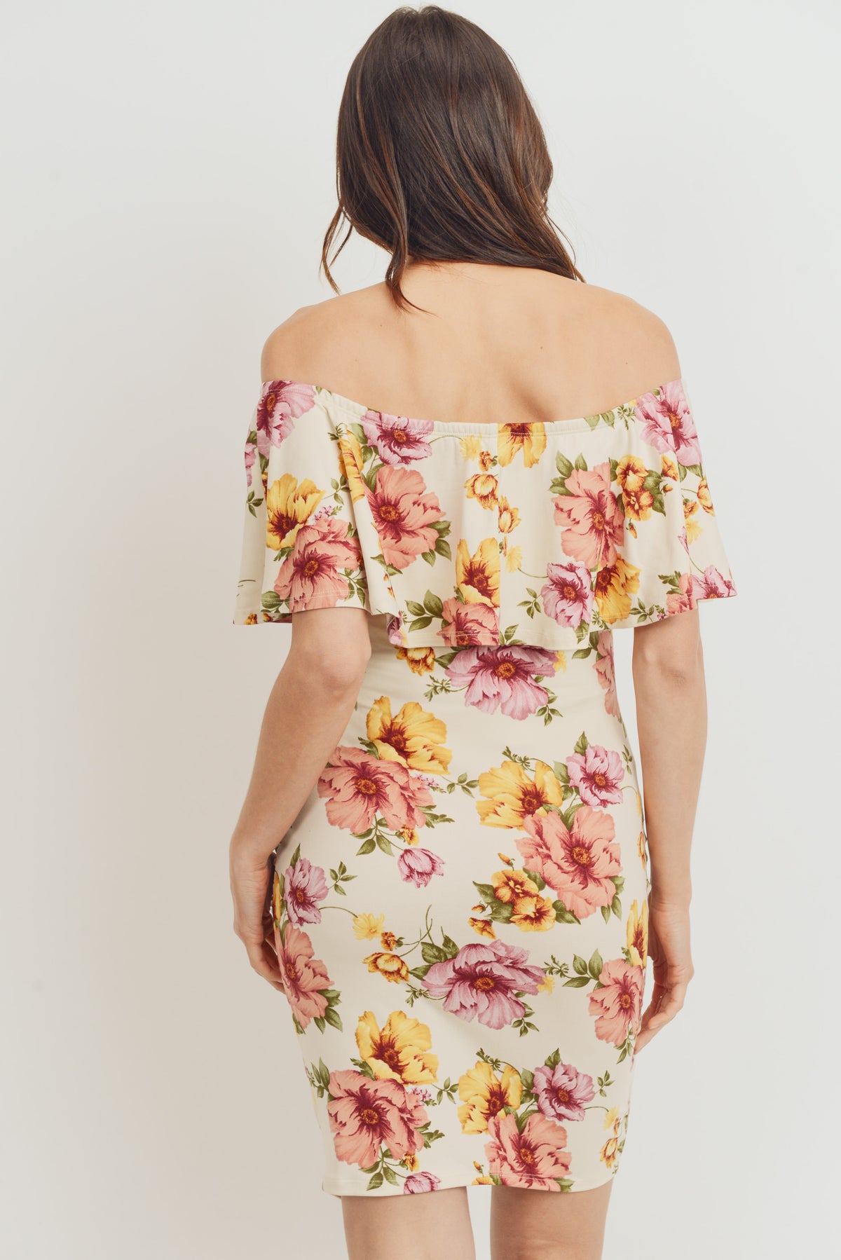 Cream Floral Ruffle Off Shoulder Maternity Dress
