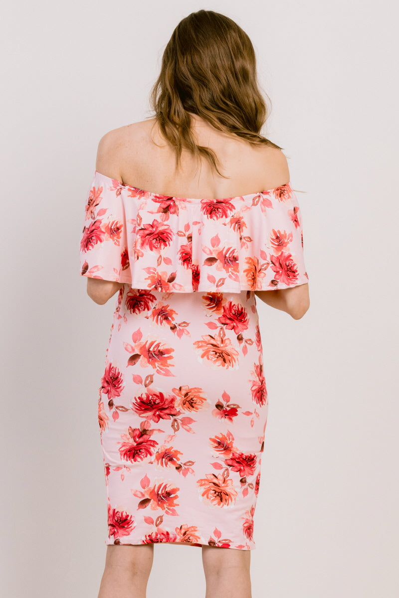 Pink Floral Ruffled Off Shoulder Maternity Dress