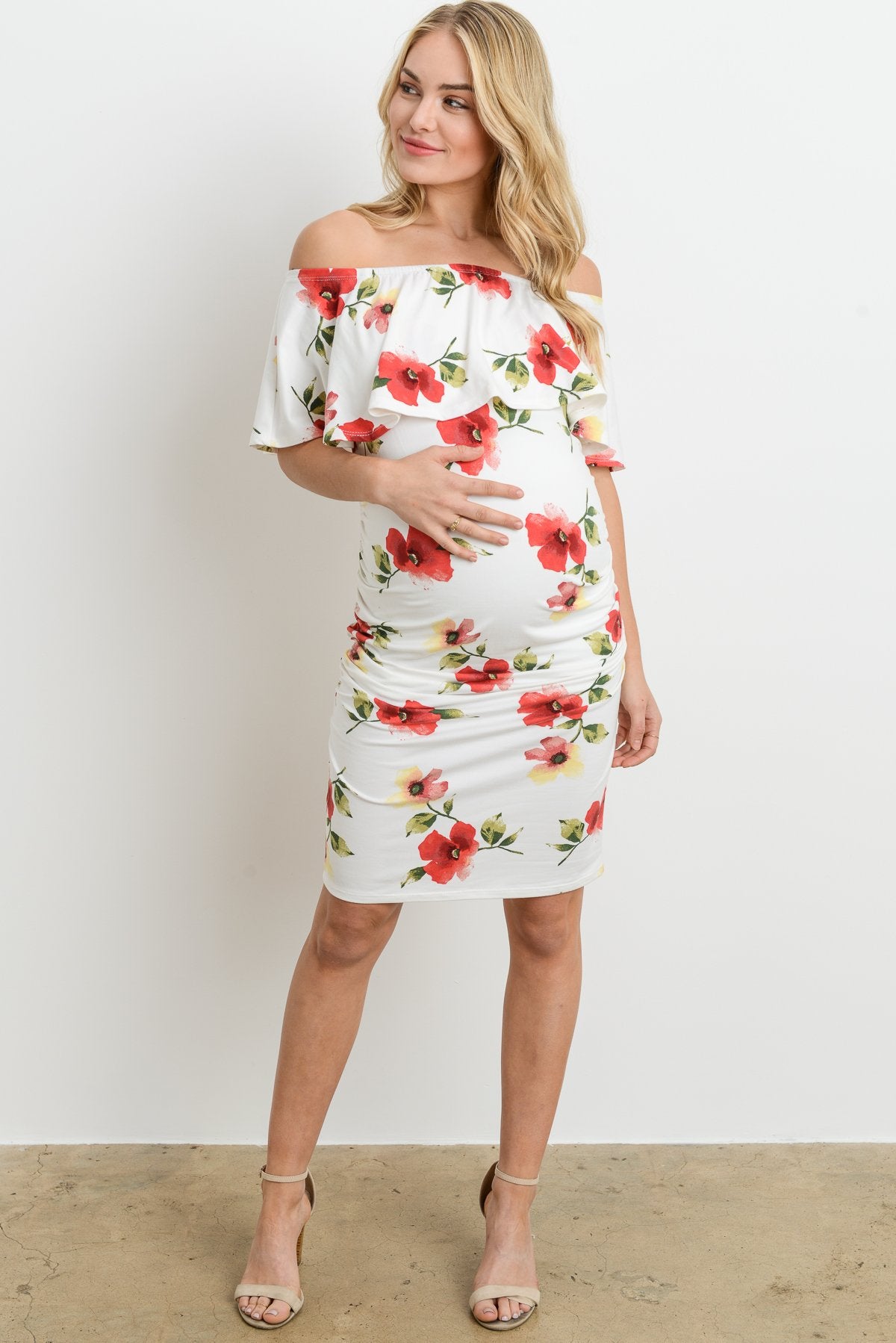 Ivory Off Shoulder Ruffle Maternity Dress
