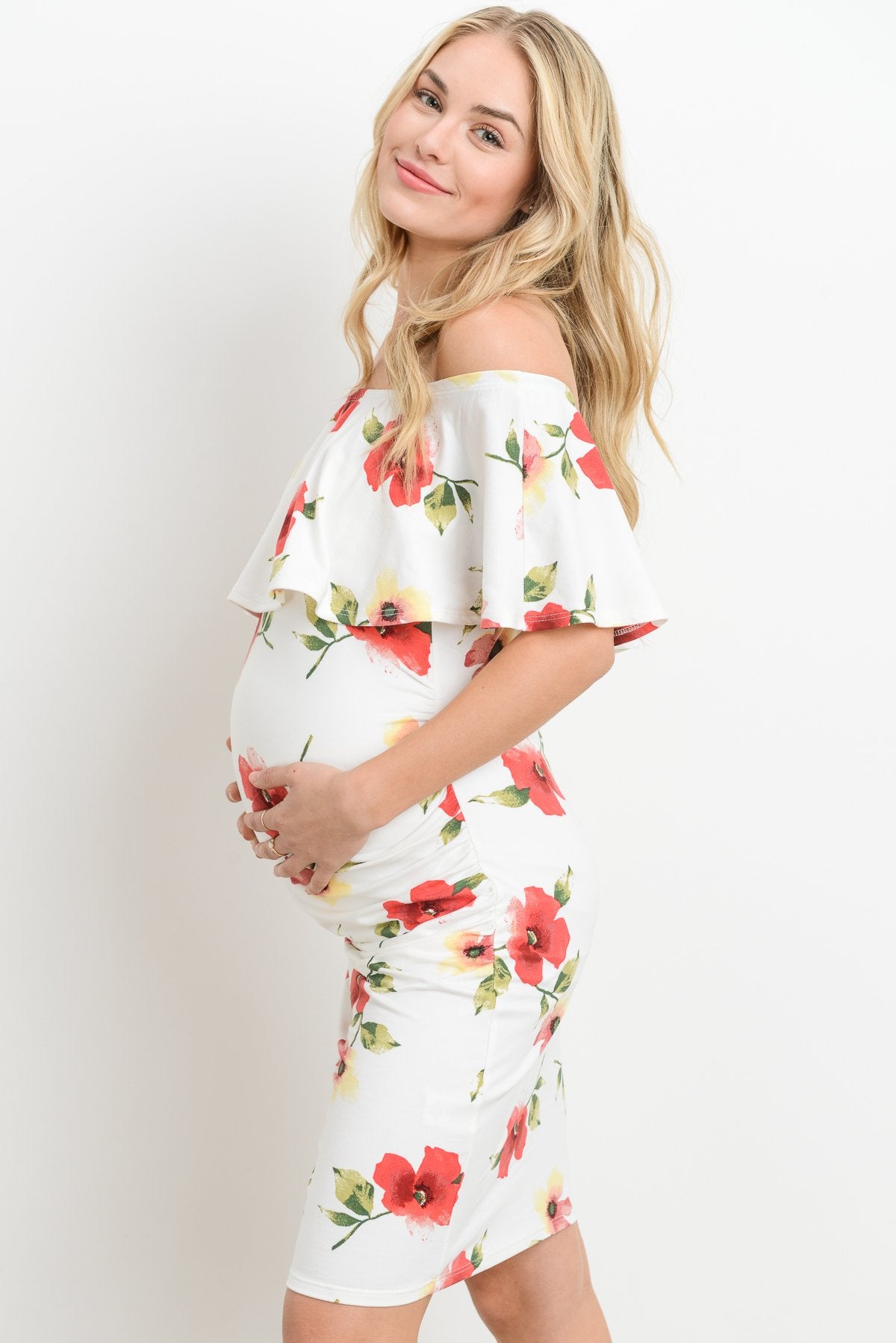 Ivory Off Shoulder Ruffle Maternity Dress
