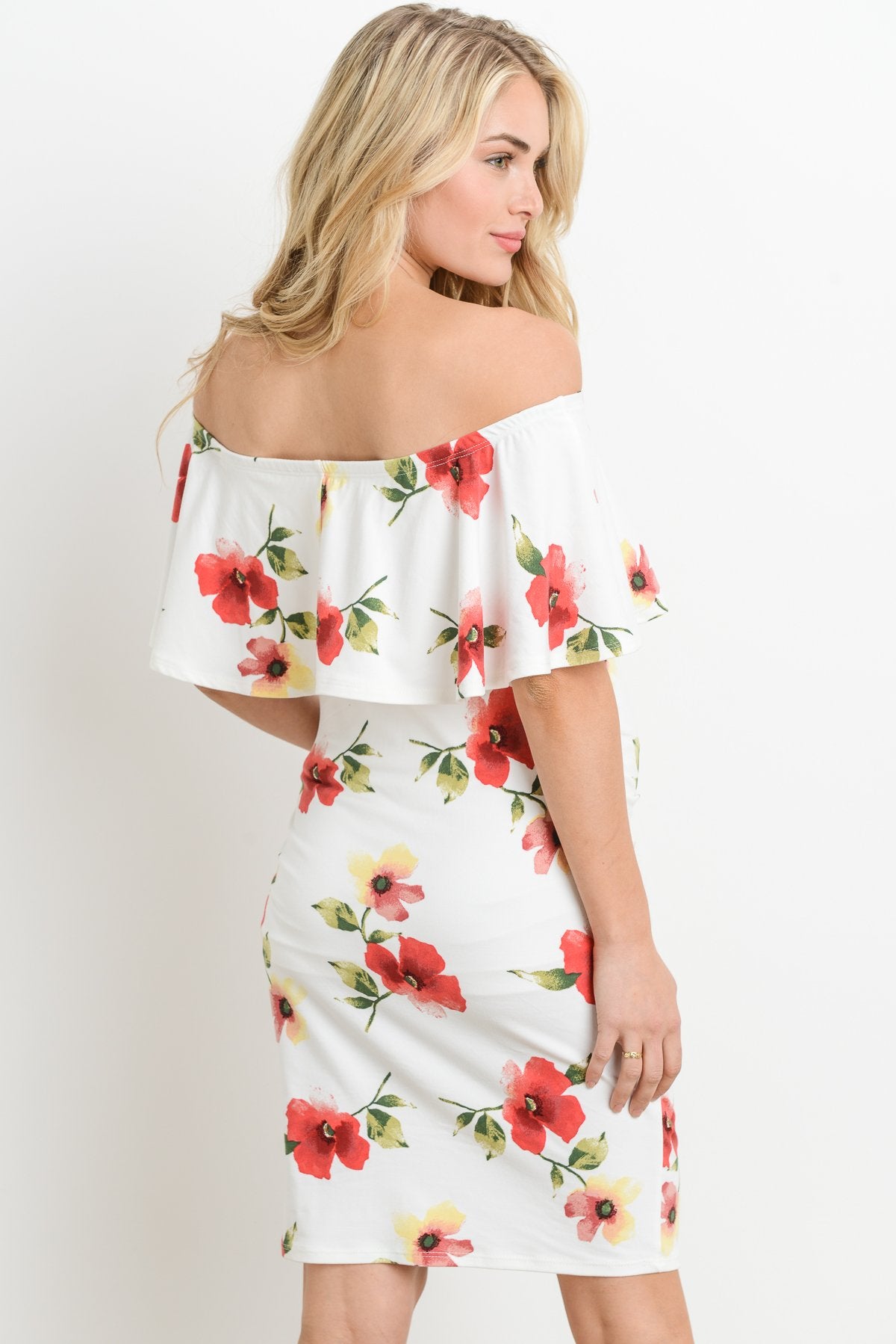 Ivory Off Shoulder Ruffle Maternity Dress