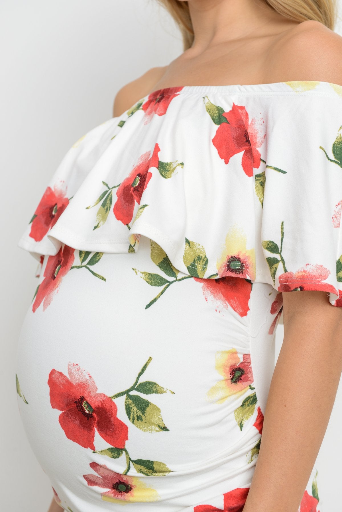 Ivory Off Shoulder Ruffle Maternity Dress