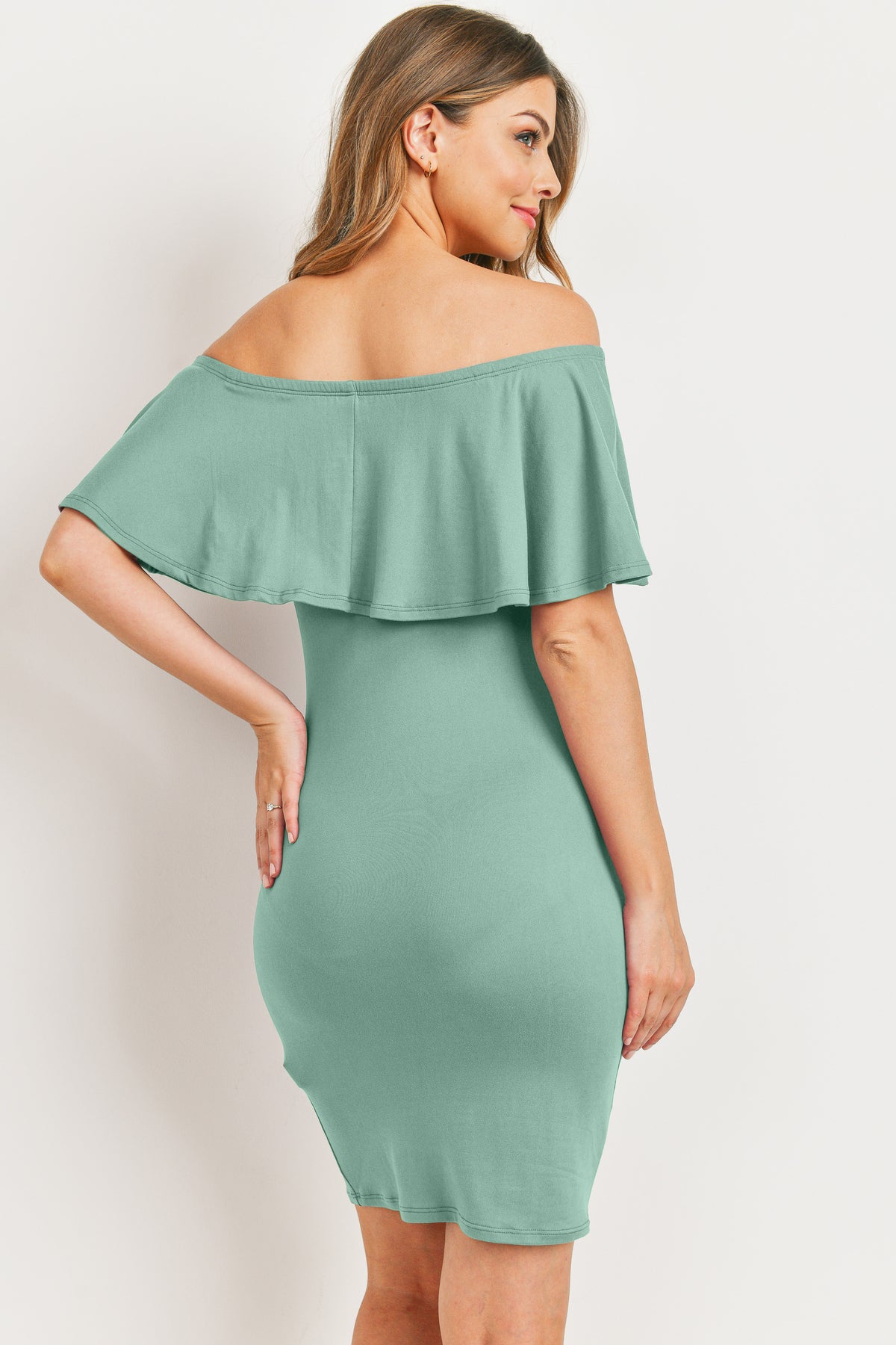 Sage Single Ruffle Off Shoulder Maternity Dress