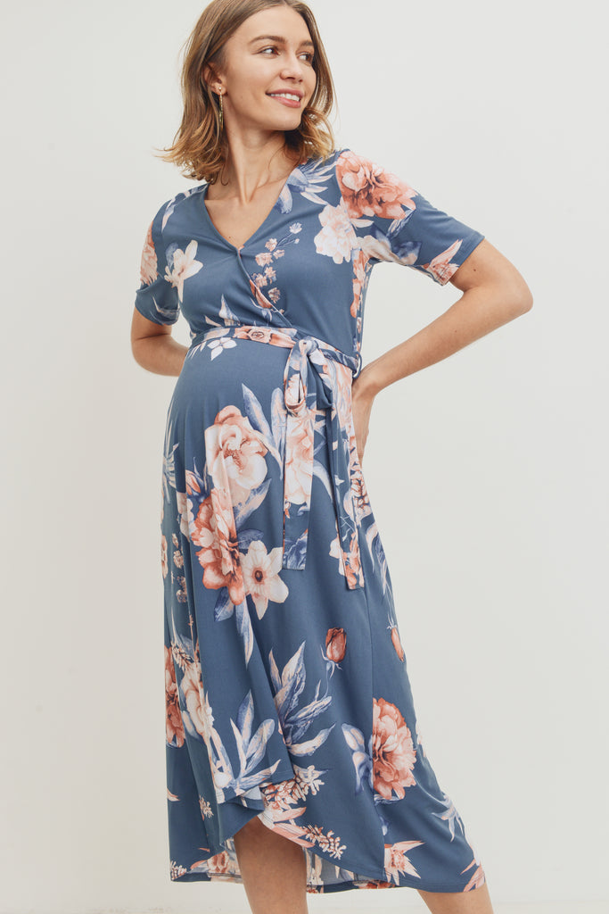 Denim Floral High-Low Flowy Maternity/Nursing Dress