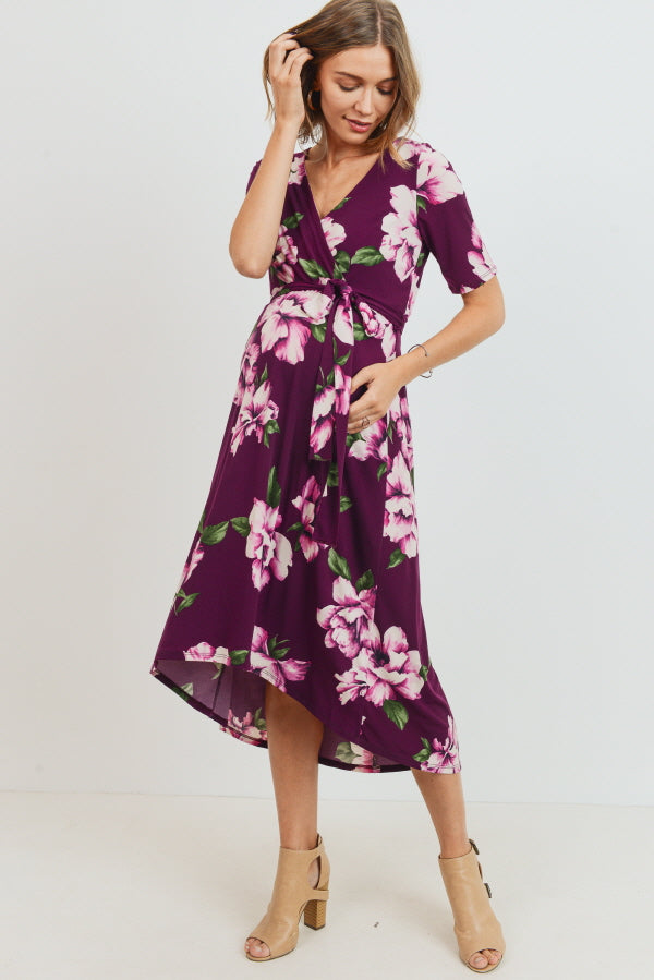 Purple Floral High Low Faux Wrap Maternity & Nursing Dress