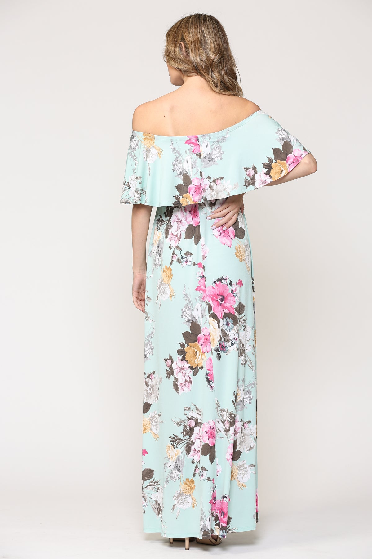 Mint Floral Ruffle Off Shoulder Maternity Maxi Dress