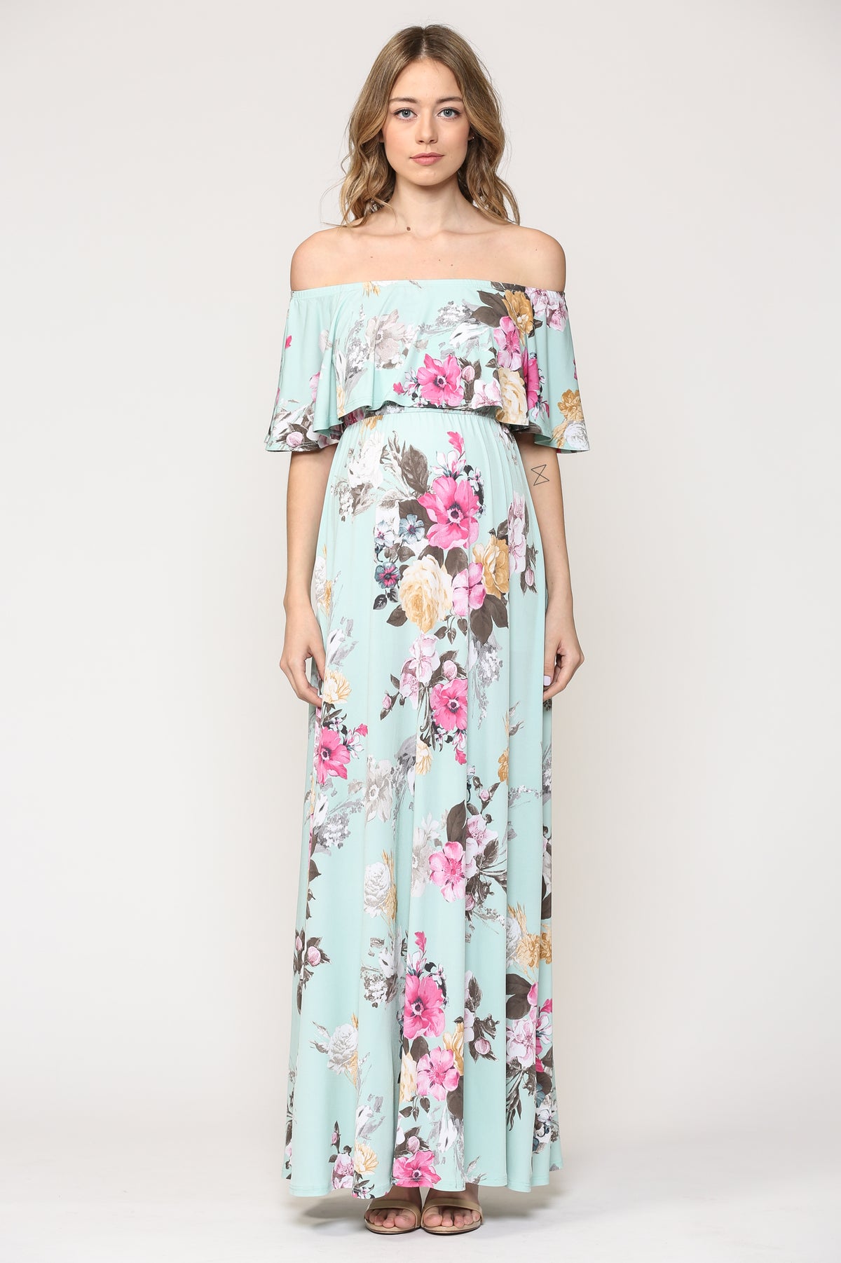 Mint Floral Ruffle Off Shoulder Maternity Maxi Dress