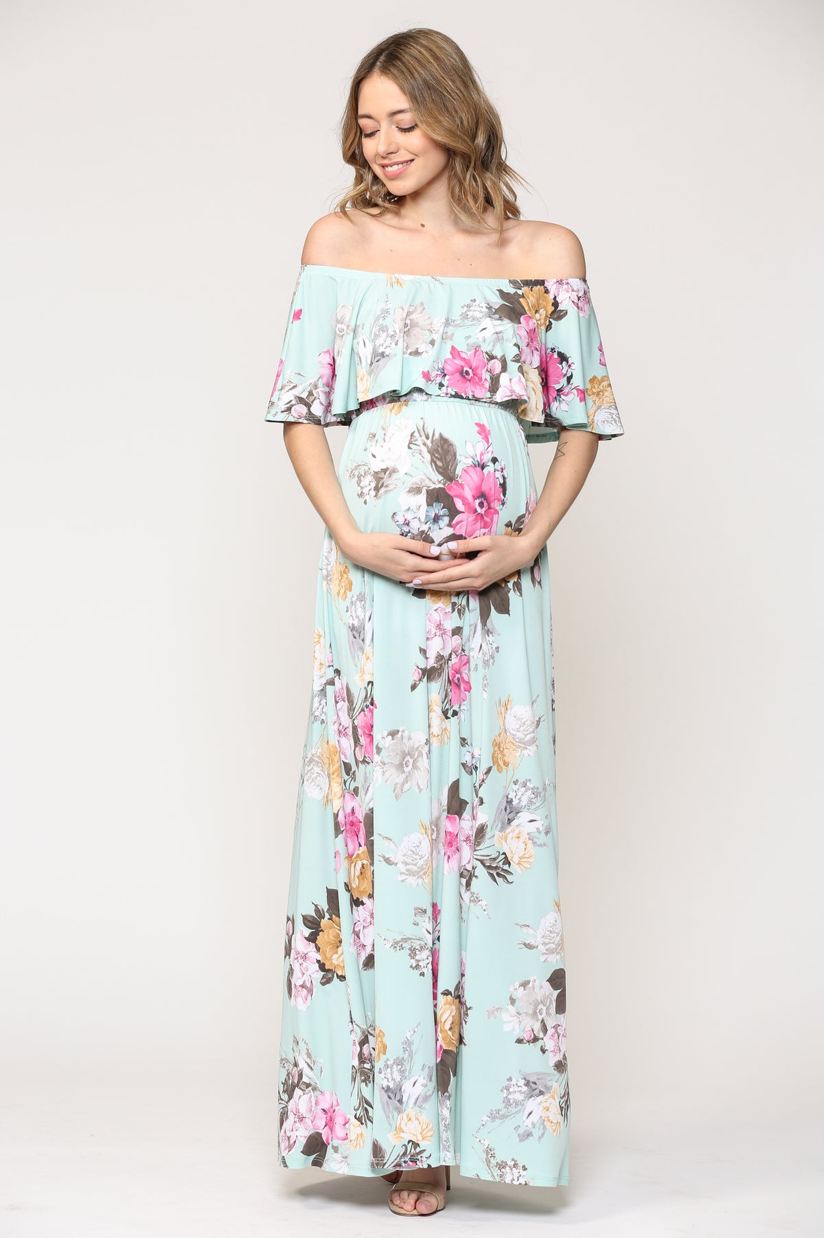 Mint Floral Ruffle Off Shoulder Maternity Maxi Dress