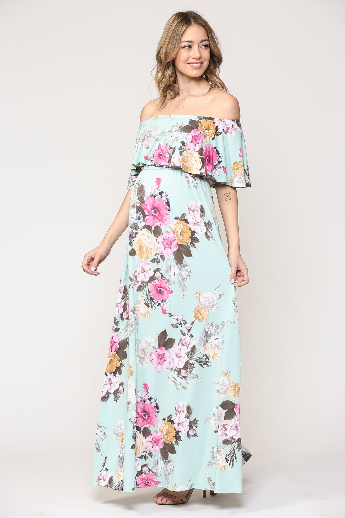 Mint Floral Ruffle Off Shoulder Maternity Maxi Dress