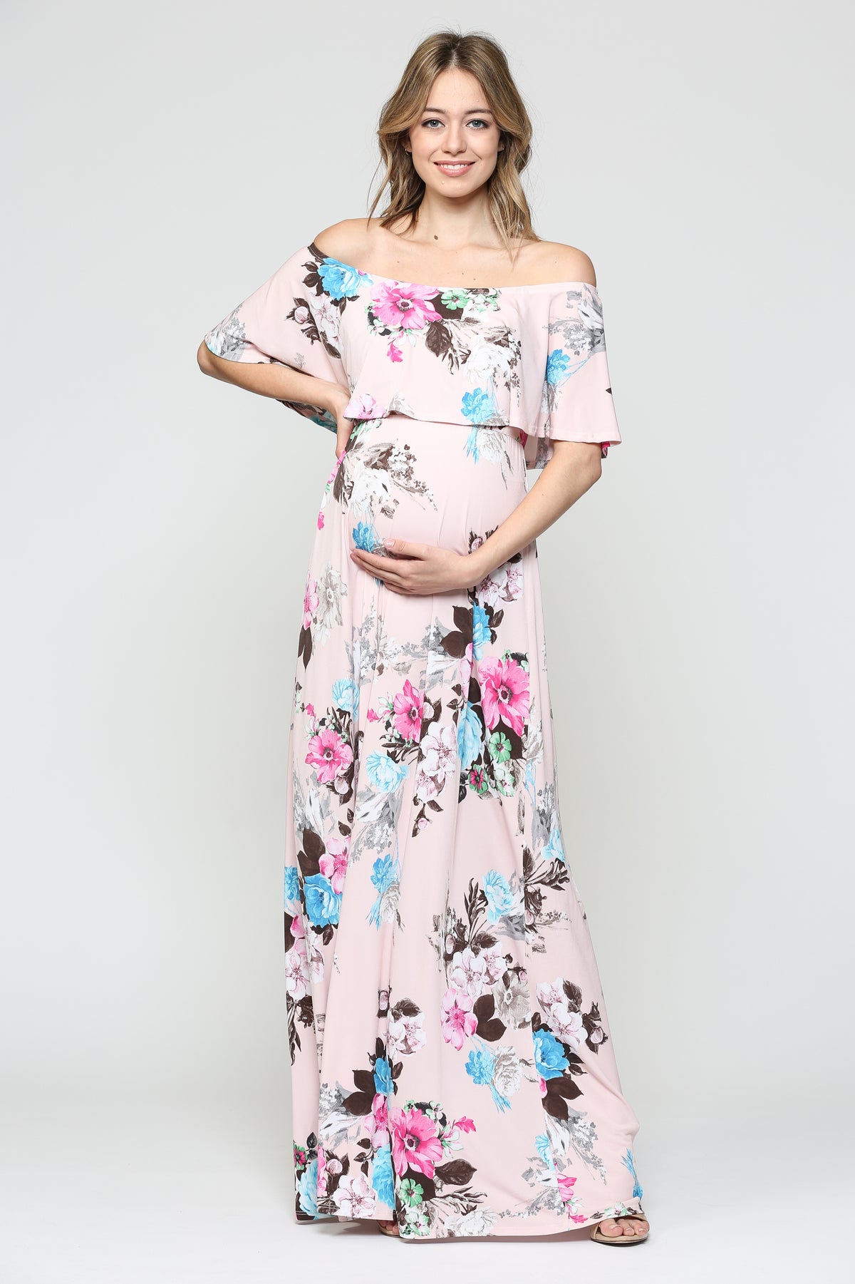 Blush Floral Ruffle Off Shoulder Maternity Maxi Dress