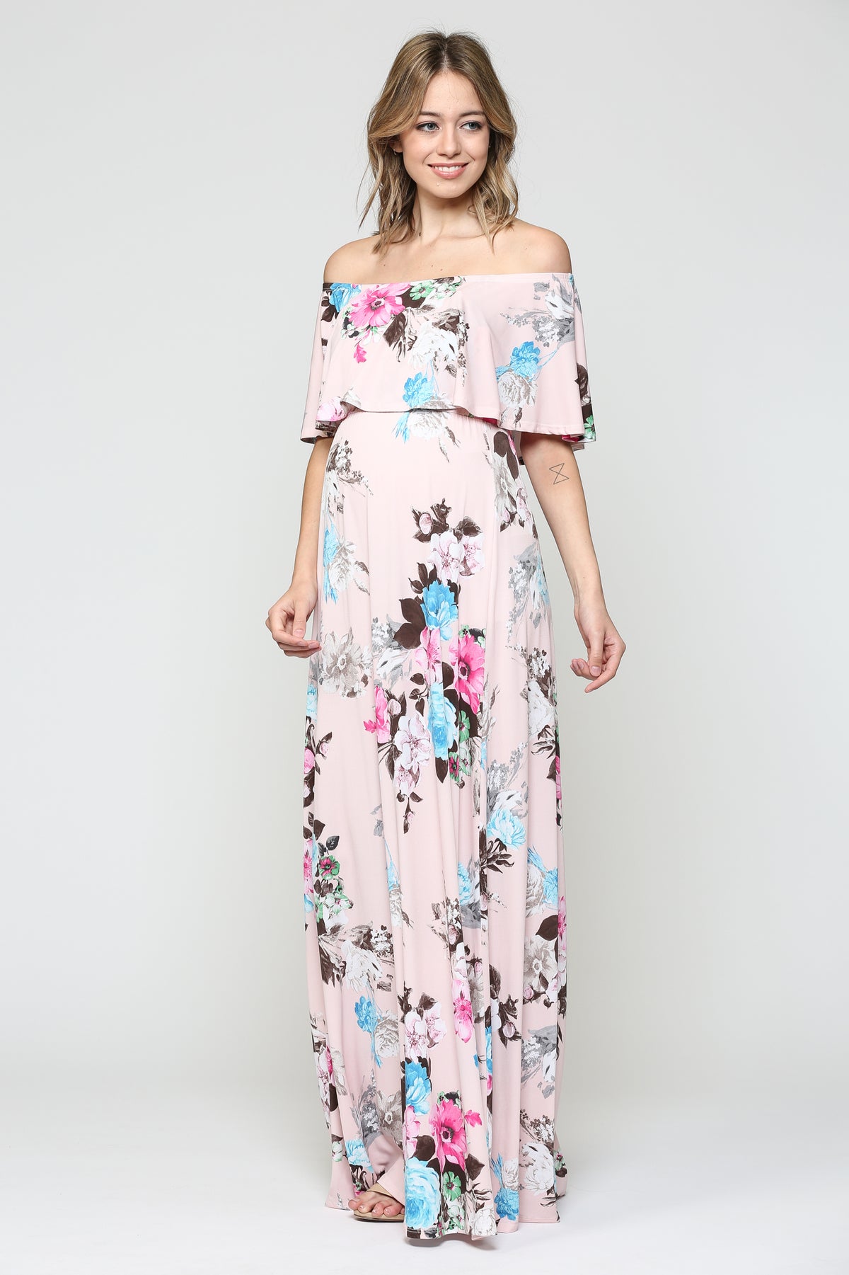 Blush Floral Ruffle Off Shoulder Maternity Maxi Dress