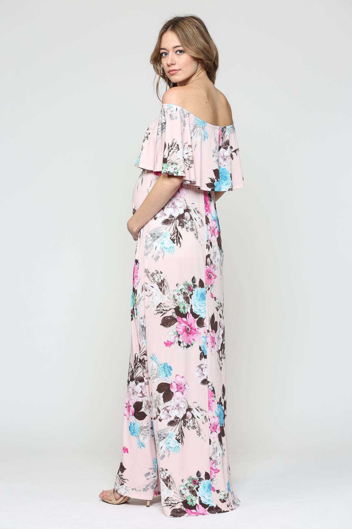 Blush Floral Ruffle Off Shoulder Maternity Maxi Dress