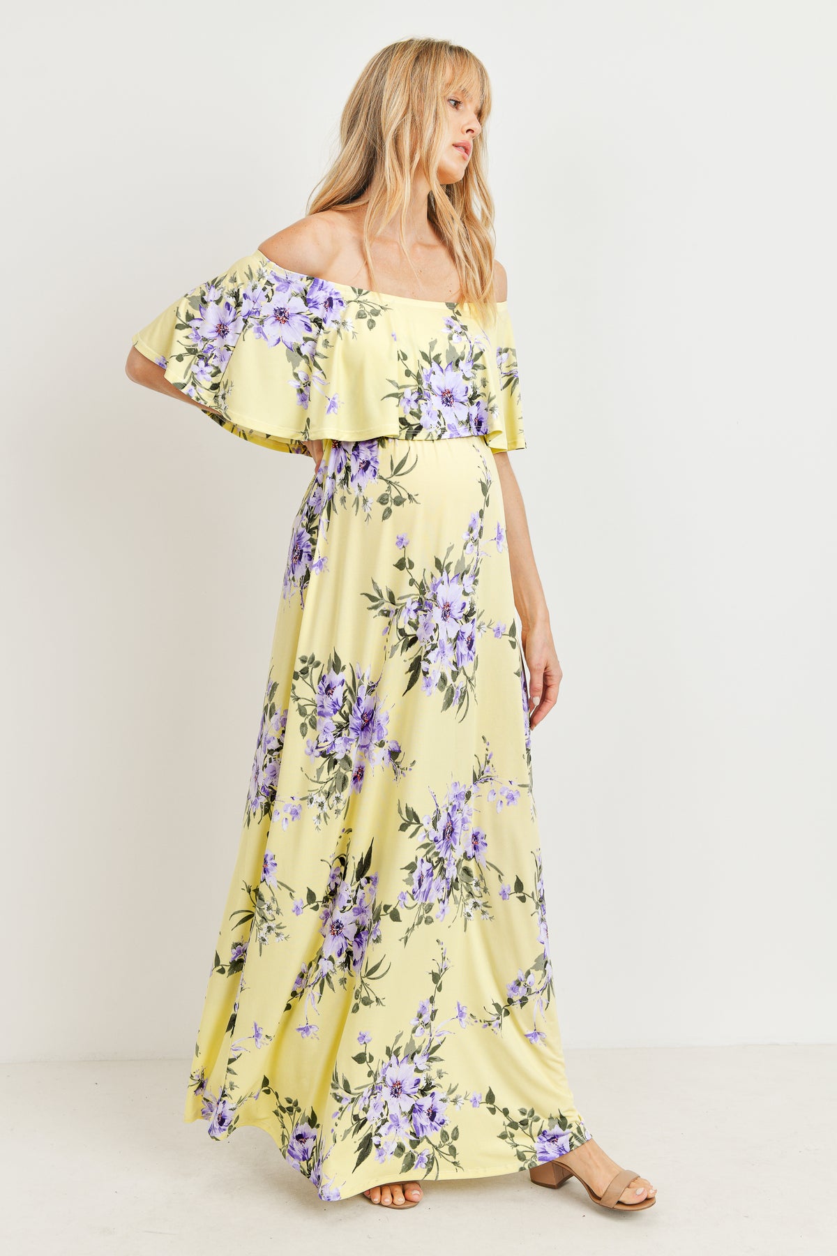 Yellow Floral Off Shoulder Maternity Maxi Dress