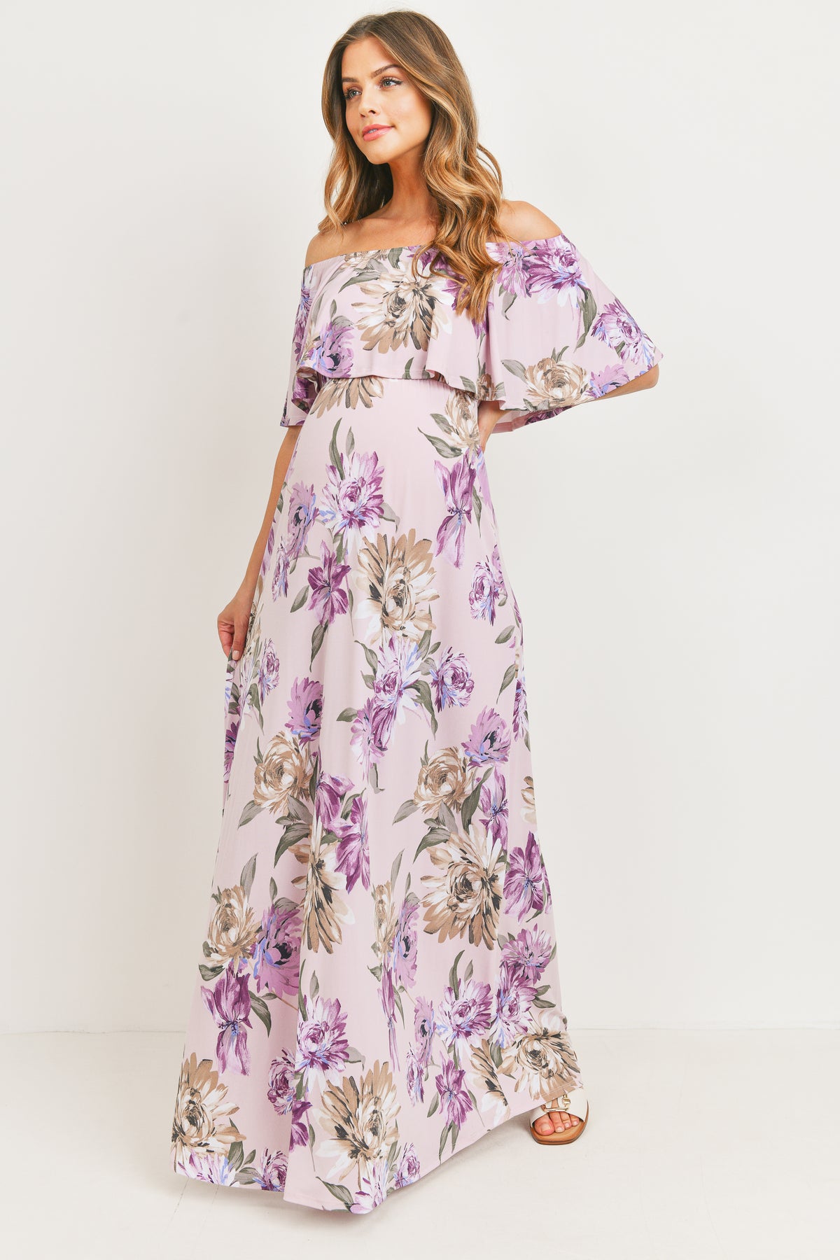 Lavender Ruffle Off The Shoulder Maxi Maternity Dress
