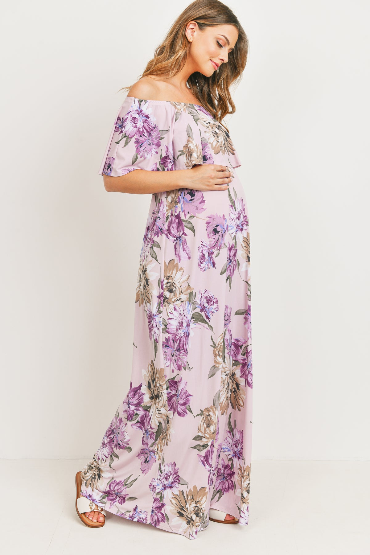 Lavender Ruffle Off The Shoulder Maxi Maternity Dress