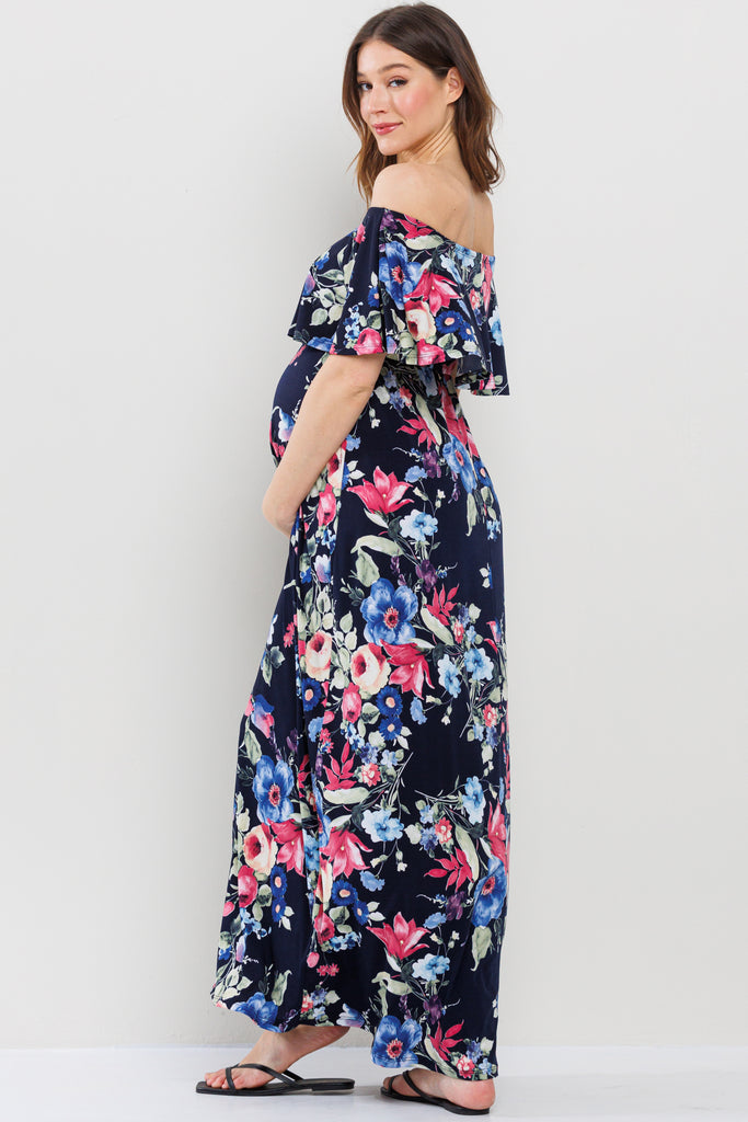 Navy Floral Ruffle Off Shoulder Maxi Maternity Dress