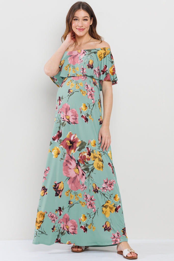 Mint Floral Ruffle Off Shoulder Maxi Maternity Dress