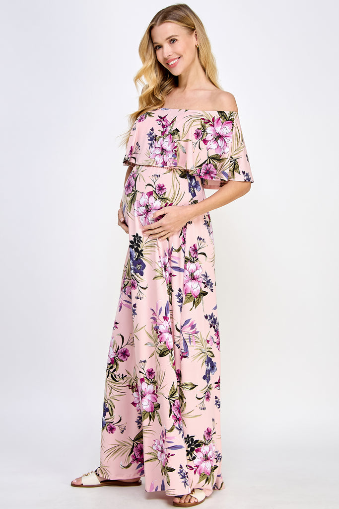 Pink Ruffle Off The Shoulder Maxi Maternity Dress